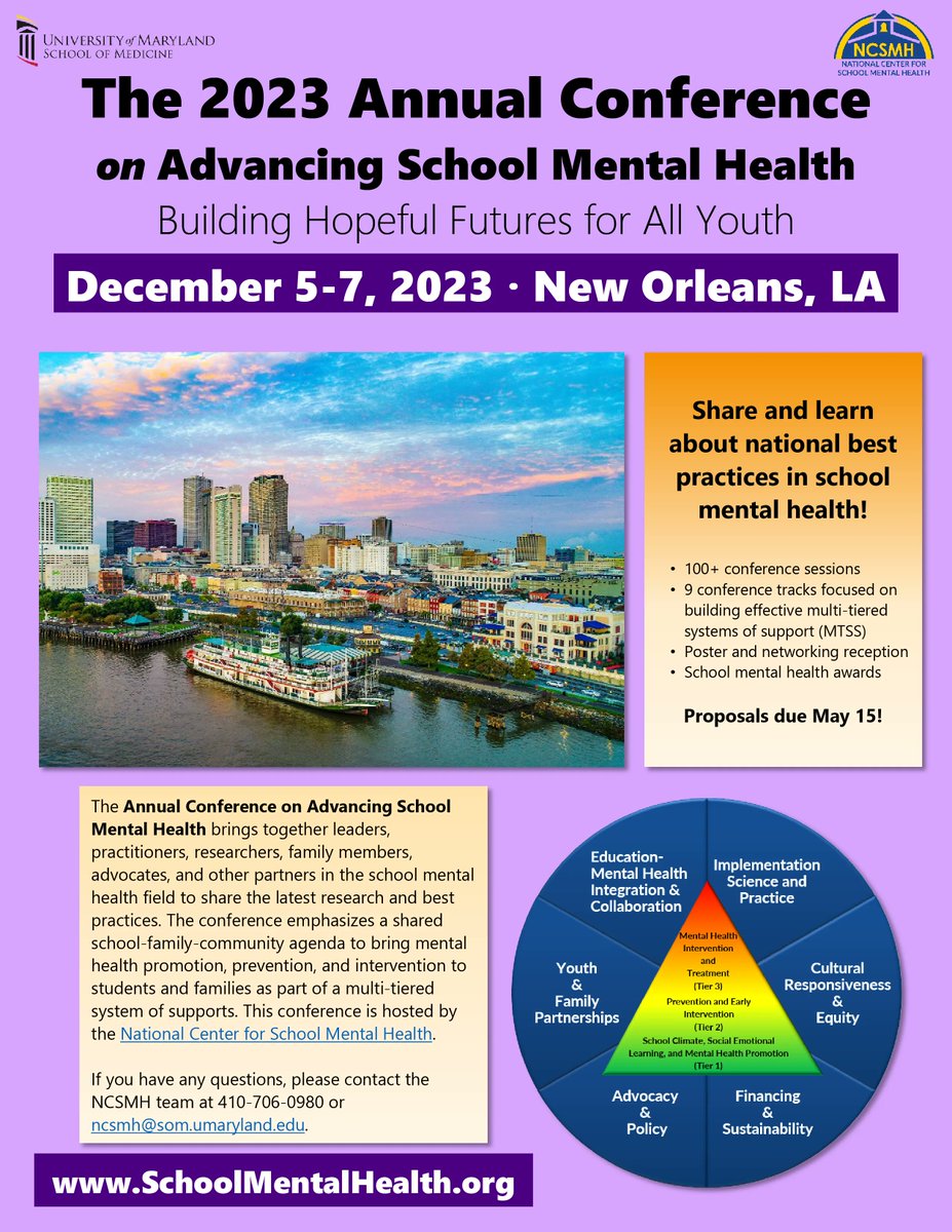 Did you know registration is open for the 2023 Annual Conference on Advancing #SchoolMentalHealth? We hope you join us Dec 5-7 in New Orleans, LA! buff.ly/3N5v6C4