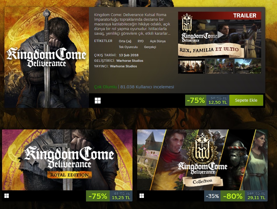 Steam'de indirim 🚨

Açık dünya rol yapma oyunu Kingdom Come: Deliverance indirimde!