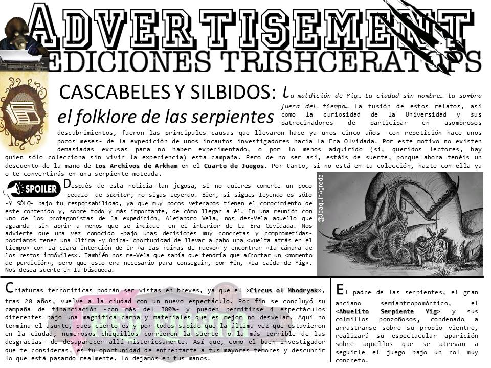 ¡Parrilla semanal de Ediciones Trishceratops!🗞️
Re-Vela-dor spoiler de La Era Olvidada #AHLCG y un magnífico descuento de <a href="/ArchivosArkham/">𝙻𝚘𝚜 𝙰𝚛𝚌𝚑𝚒𝚟𝚘𝚜 𝚍𝚎 𝙰𝚛𝚔𝚑𝚊𝚖</a> en <a href="/cuartodejuegos/">Cuarto de Juegos</a> con <a href="/preacherush/">Preacher</a>.
Rol para #losmitosdecthulhu de <a href="/EdgeStudioEs/">Edge Studio España</a> 🐍 y juego de <a href="/KeyEnigma/">Key Enigma</a> 🎪.
👨🏻‍🎨Ilustración de <a href="/JoaquinAgreda/">Joaquín Ágreda Yécora</a>