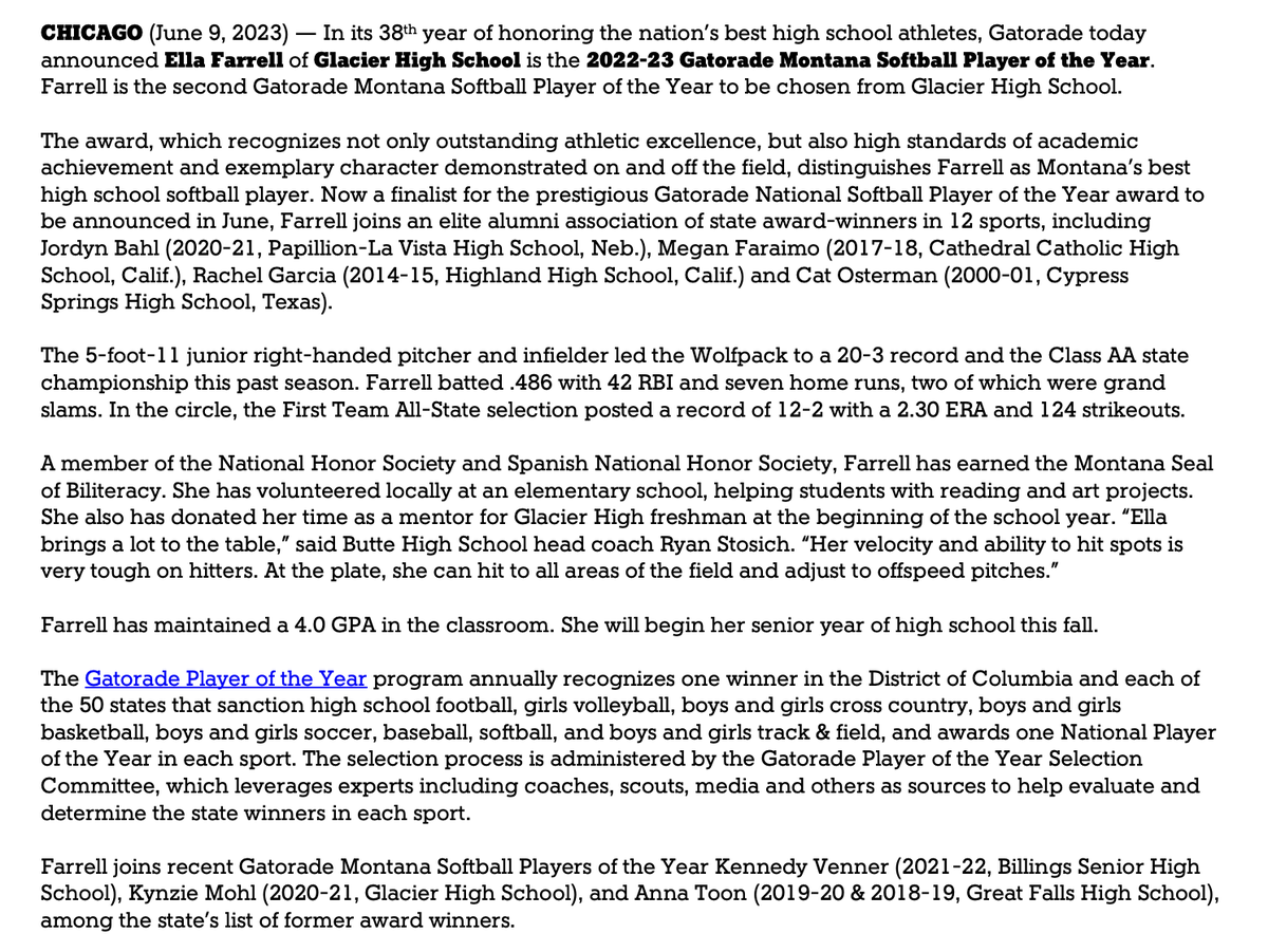 Some exciting news from the local softball scene as Ella Farrell of the <a href="/GlacierWolfpack/">Glacier High School</a> was named the Gatorade Montana Softball Player of the Year. Here's the official release from Gatorade.
