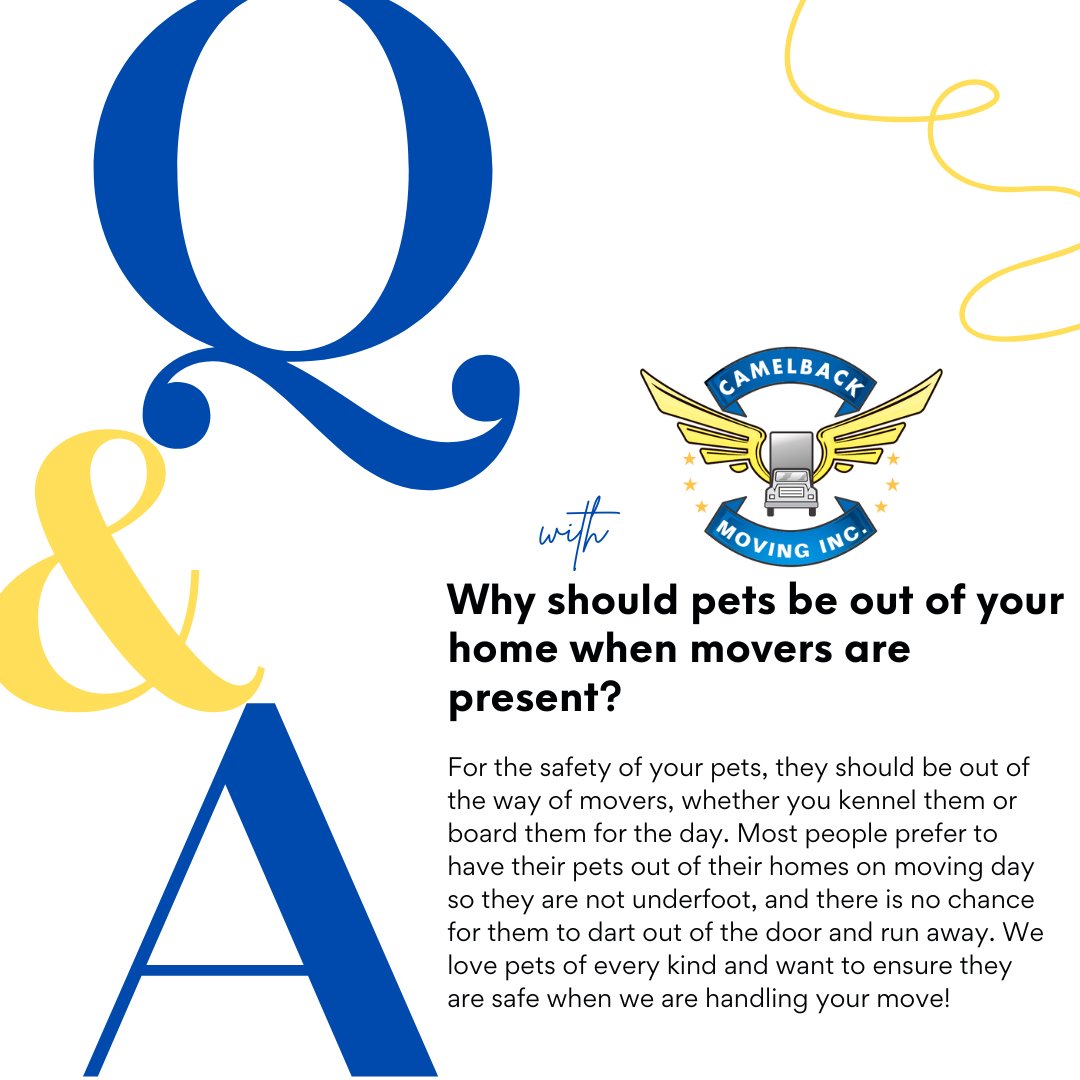 CamelbackMoving's tweet image. Your pets hold a special place in your life, and we want them protected on moving day. For anyone with pets, you may want to consider moving day to be the time for your pet to visit a family member or friend. #CamelbackMoving #MovingFAQ