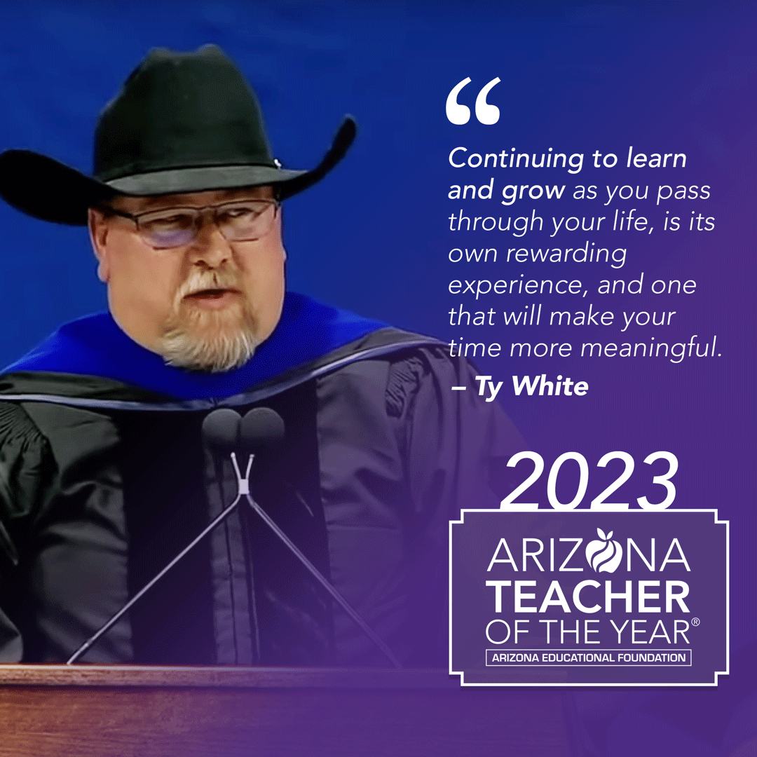 azedfoundation's tweet photo. Recently @ropercowboyinaz, @azedfoundation's 2023 AZ Teacher of the Year®, was a commencement speaker for @NAU graduation. Congratulations to Ty for receiving a Doctorate of Humane Letters from NAU! Watch his inspiring speech here: https://t.co/fBerMdjrXY #AZTOY https://t.co/afG6yQLApY