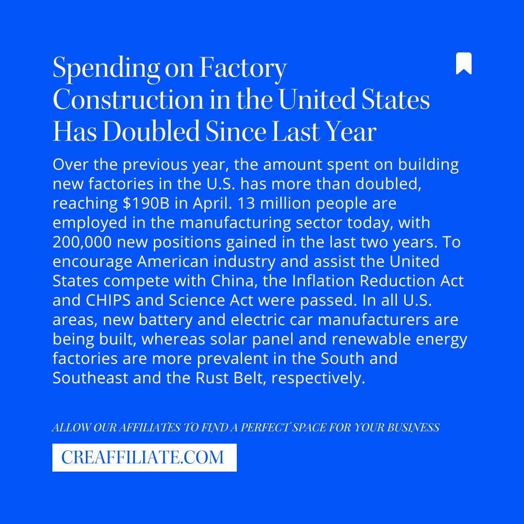AffiliateNetwo8's tweet photo. Breaking Ground on Progress! 🏭💥💪

Did you know? Spending on factory construction in the United States has doubled since last year, signaling a booming manufacturing sector! 📈🇺🇸

#FactoryConstruction #USManufacturing #BuildingBoom #EconomicGrowth #InvestingInAmerica #Constr https://t.co/6n2W56j61F
