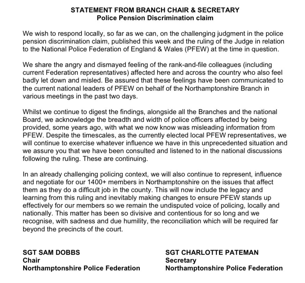 Following this week’s judgment regarding the Police Pension Discrimination claim in the Employment Tribunal, we have written to our members tonight as we digest the ruling <a href="/LottePateman/">Charlotte Pateman</a> <a href="/NorthantsPolFed/">Northants PolFed</a>