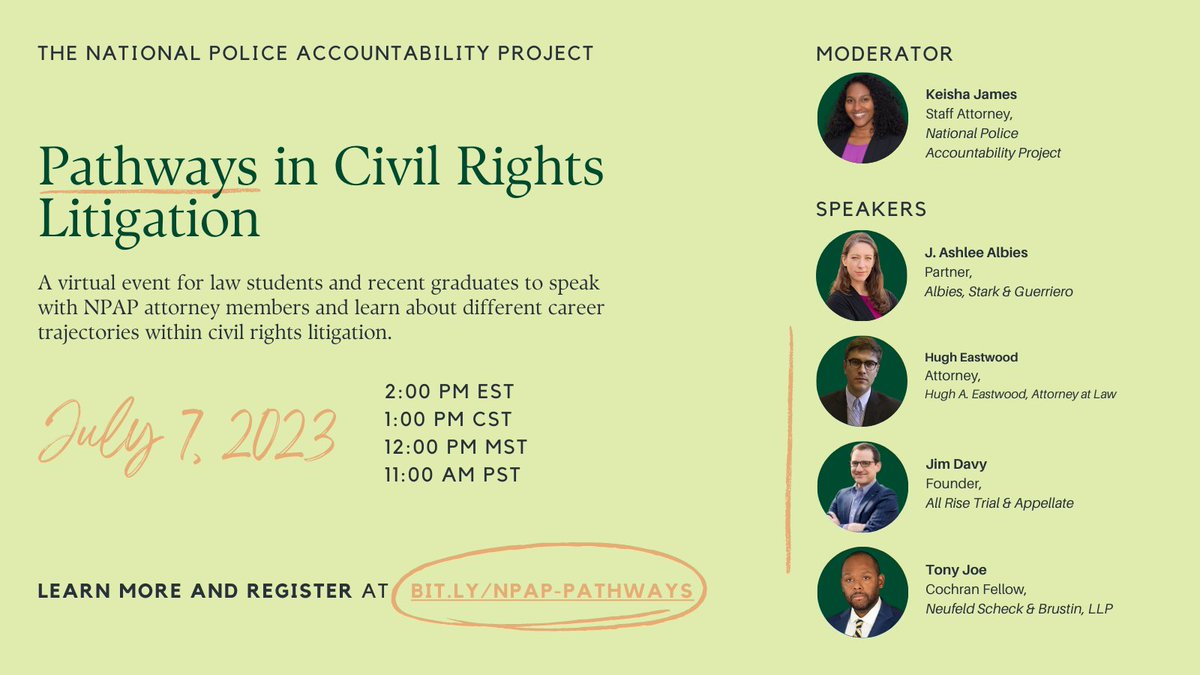 A free, virtual event for law students to speak with recent grads & attorneys about different career trajectories within civil rights litigation. @allriselaw @nsbcivilrights 

Register & share bit.ly/NPAP-PATHWAYS