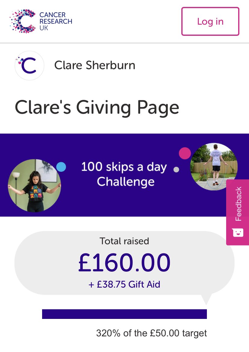 Over moon I’m on day 9 of 100 skips a day for whole of June and I’ve raised £160 so far for cancer research 

fundraise.cancerresearchuk.org/page/clares-gi…
