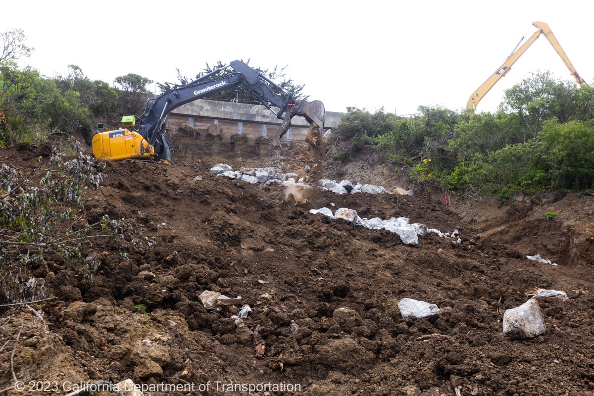 SR-92 Update: Earlier this week,  contractor began placing rock slope protection and soil fill in front of the existing soldier pile wall on the west side of State Route (SR) 92.  This operation will continue for a couple weeks.