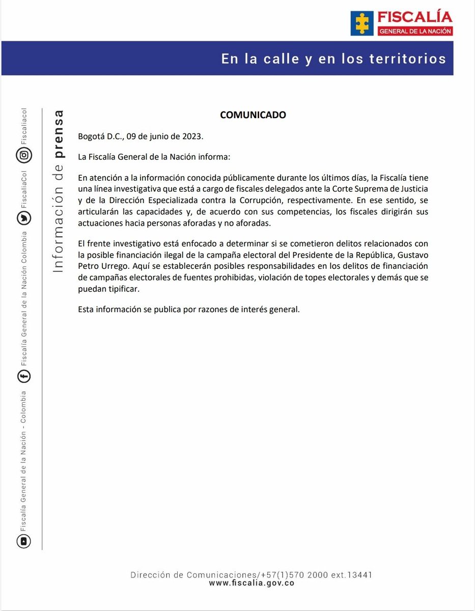 #ATENCIÓN | Comunicado oficial de la #Fiscalía General de la Nación.