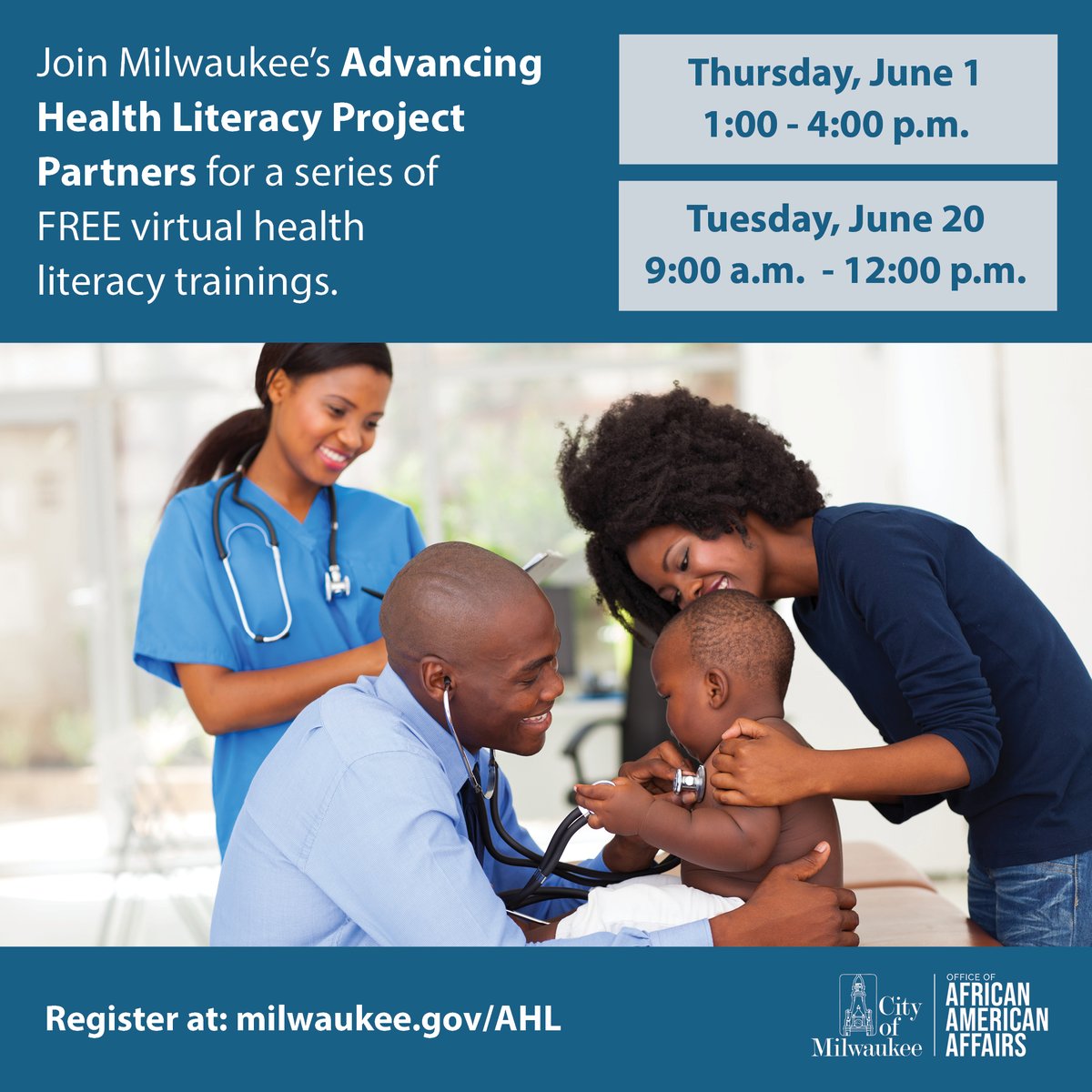 The City of Milwaukee Office of African American Affairs and the Milwaukee Advancing Health Literacy Partnership is offering FREE VIRTUAL TRAININGS in public health communication strategies for health care providers. Join us on June 20! 

➡️Register at milwaukee.gov/AHL.