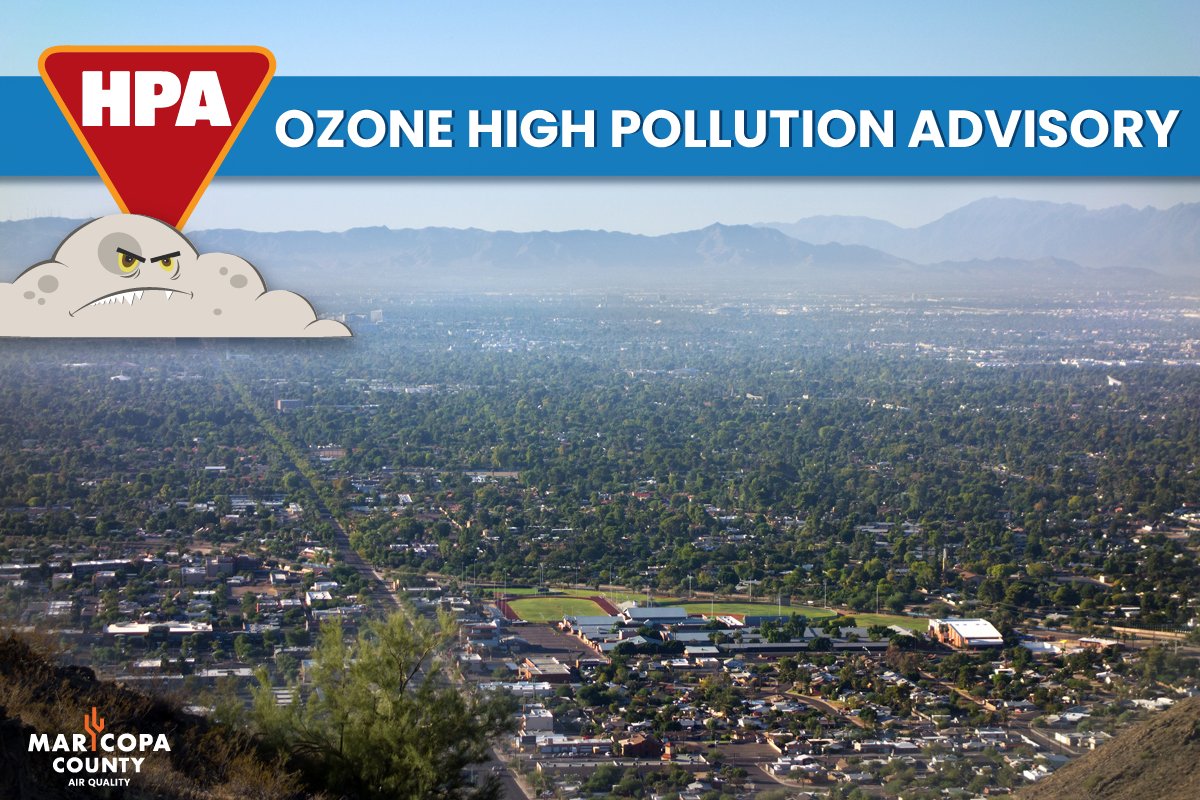 MaricopaAir's tweet photo. Ozone High Pollution Advisory issued Friday, June 09 and Saturday, June 10. You can help reduce the amount of pollutants in the air by opting to carpool, use public transportation, or fuel after dark. #CommitToOneDay More tips and info at https://t.co/WpzmI9Cowz https://t.co/2dArbr9Nzx