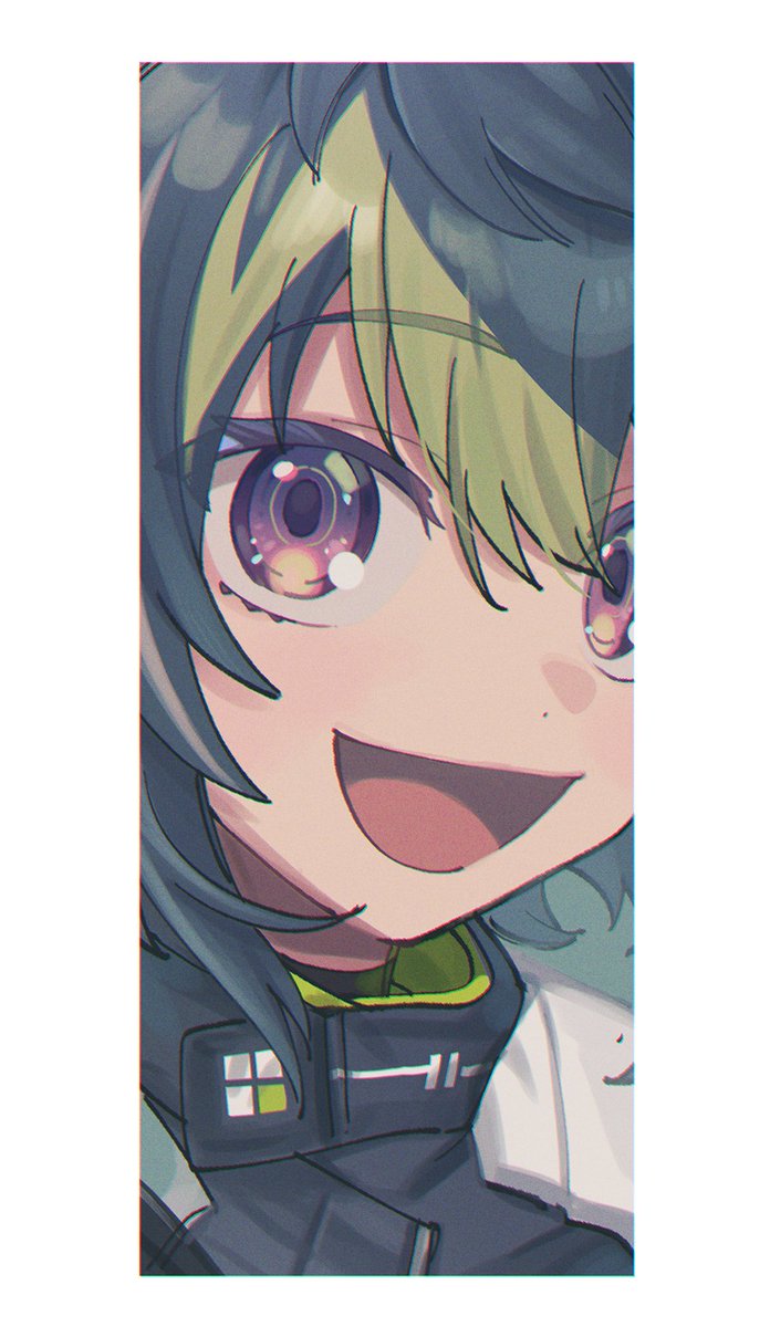 solo smile open mouth green hair 1girl looking at viewer black hair  illustration images
