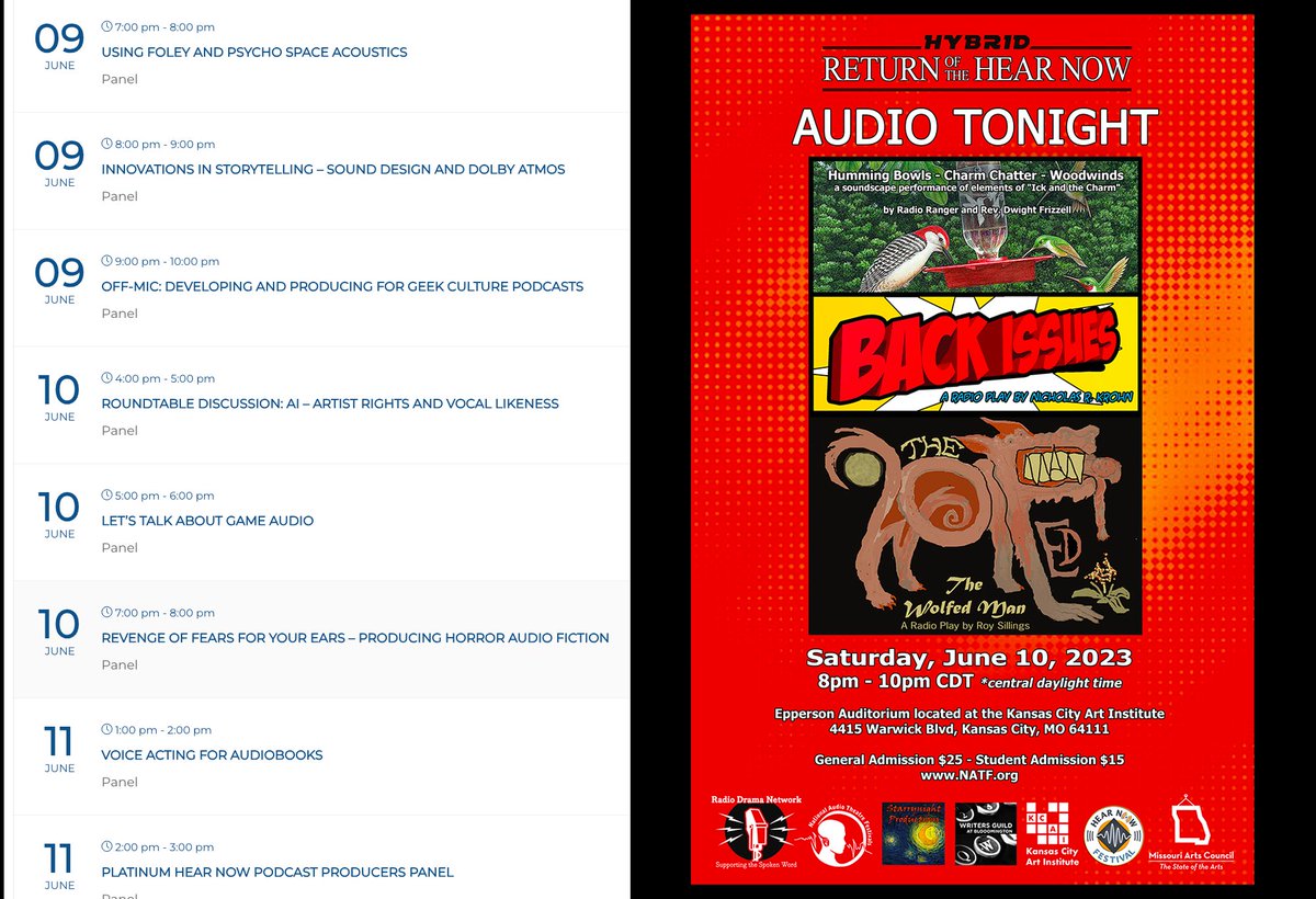 Full schedule of panels, starting today! (Fri through Sun) and details about our Audio Tonight special are now live!  Zoom link details to sign in to watch and join for QA (if you like) are now on our website: 
natf.org/schedule-2/