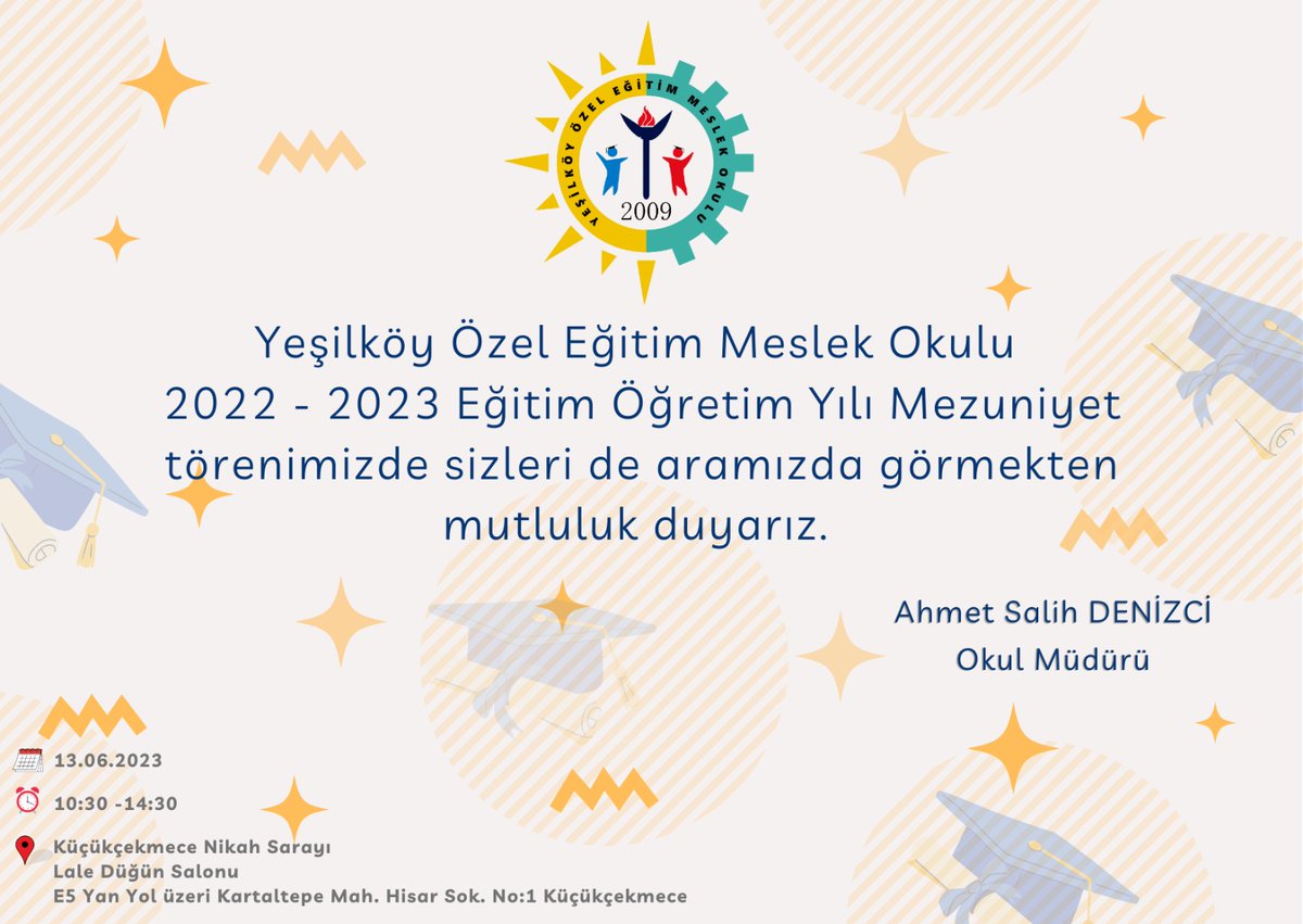 OzelYesilkoy's tweet photo. Mezuniyet törenimize 12. sınıf öğrencilerimizi ve velilerini bekliyoruz.

@istanbulilmem @istmem_oer @gulsenozer9 @BakirkoyMEM @cepni6144 @denizci_salih https://t.co/RbgTAUh5b3