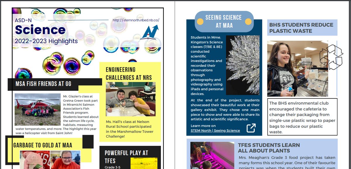 A few highlights from our 2022-2023 school year in Science :) Teachers were asked to submit some of their favorite learning opportunities. Check out the full newsletter on STEM North! 
lnkd.in/enwZns4J
#Science #ASDN #inquirybasedlearning #ScienceEducation #newbrunswick