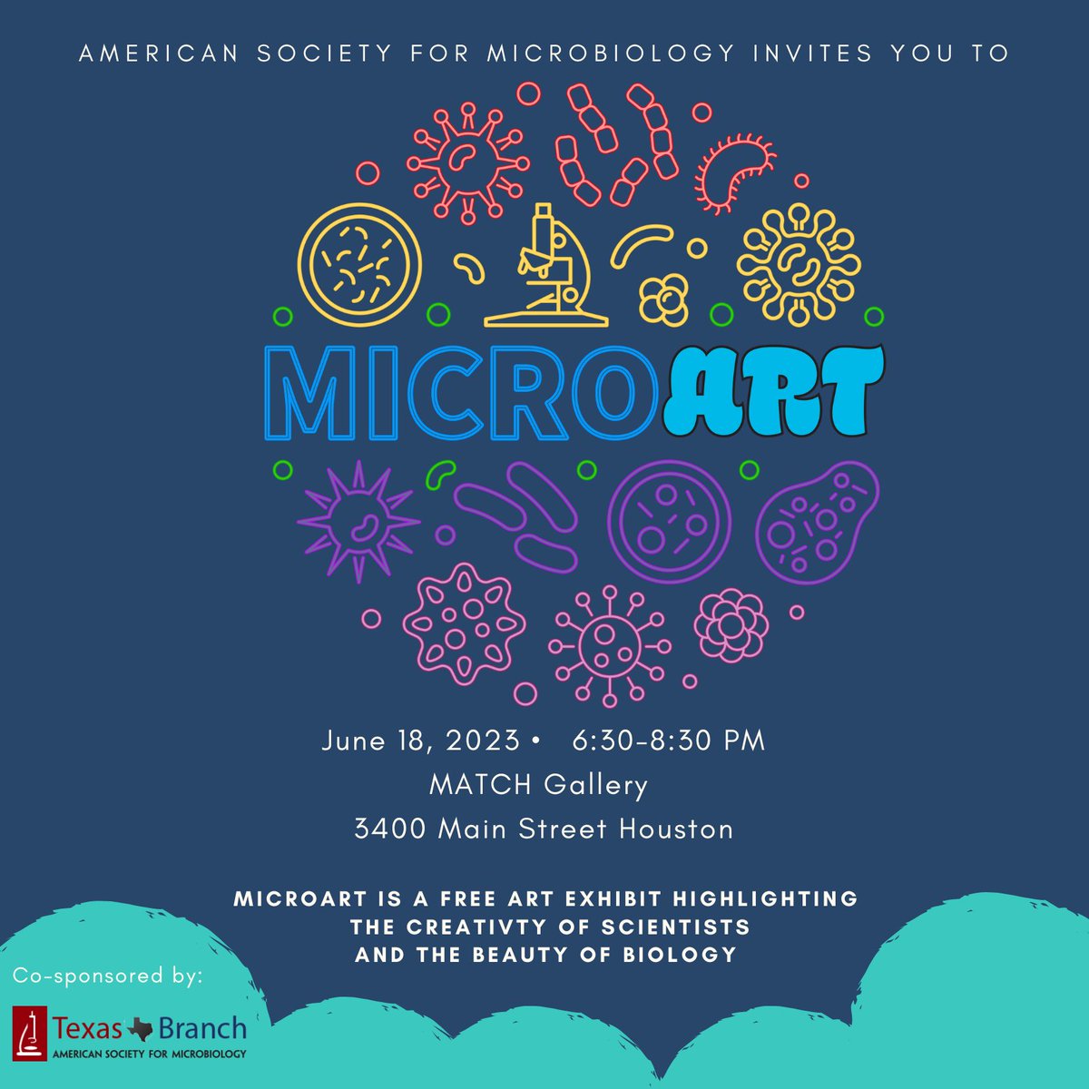 We clearly can't talk enough about our upcoming MicroArt on Display event 🧫🔬🦠🧪
We hope y'all will join us next Sunday (6/18) 
eventbrite.com/e/microart-on-…

A special thanks to <a href="/ASMicrobiology/">ASM</a> &amp; Texas Branch of ASM for their support in making this happen!

#sciart #ASMicrobe