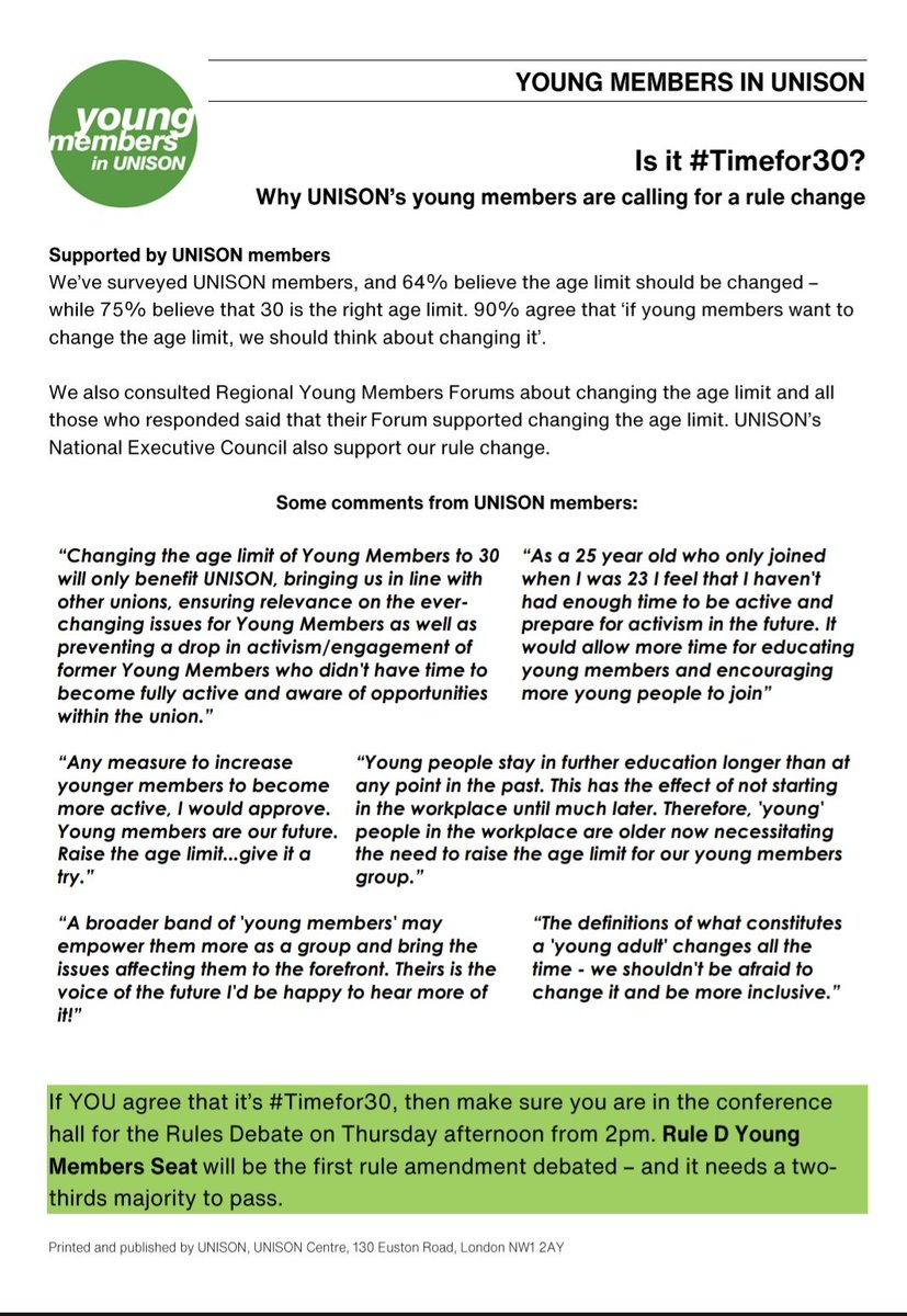 Next week the <a href="/YoungUNISON/">Young Members in UNISON</a> rule change to up the age of young members to 30 will be heard at NDC. 

We are very proud that the motion that began in East Midlands last summer has made it all the way to Liverpool to be heard in front of the whole union. Support #timefor30 at NDC!