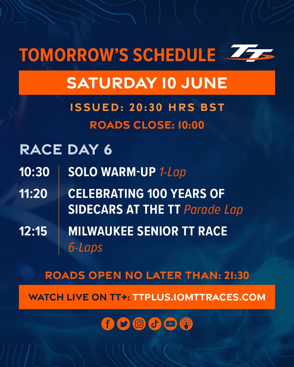 ttracesofficial's tweet photo. Here's the schedule for tomorrow's @MilwaukeeTool Senior TT Race - guaranteed action, speed and excitement.

🔗 Watch live tomorrow at 11:45: https://t.co/WD4ib1eGN4

#TT2023 #SeniorTT https://t.co/vPe5eBsI0m