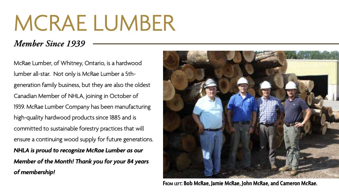 Please join us in celebrating our June Member of the Month, McRae Lumber! McRaw Lumber is a 5th-generation family business and the oldest Canadian member of NHLA with 84 years of membership. 

Thank you for your continued support, McRae Lumber Company!