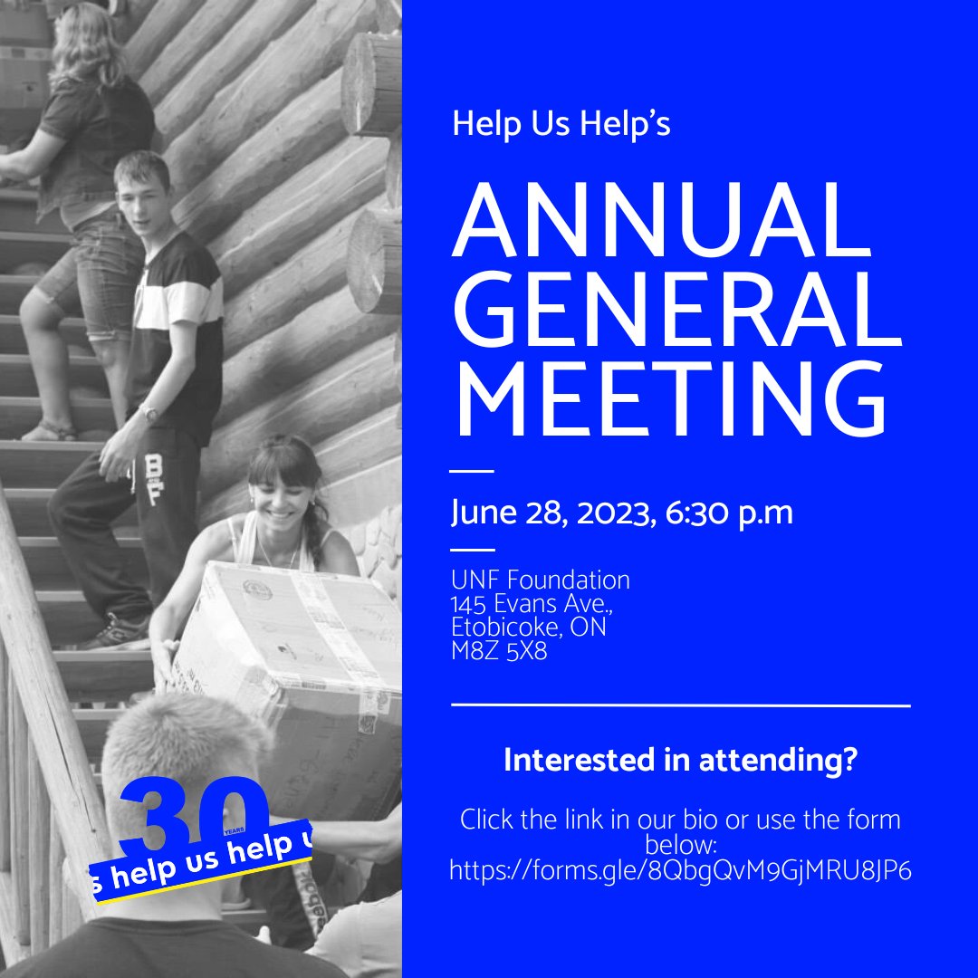 Help Us Help will be hosting our Annual General Meeting on June 28, 2023, at UNF Foundation.
We are excited to announce that this year, all members are welcome! If you would like to secure your spot, click the link below!
forms.gle/kDCk9sfZPd27cX…
#HelpUsHelp #Ukraine #AGM #AGM2023