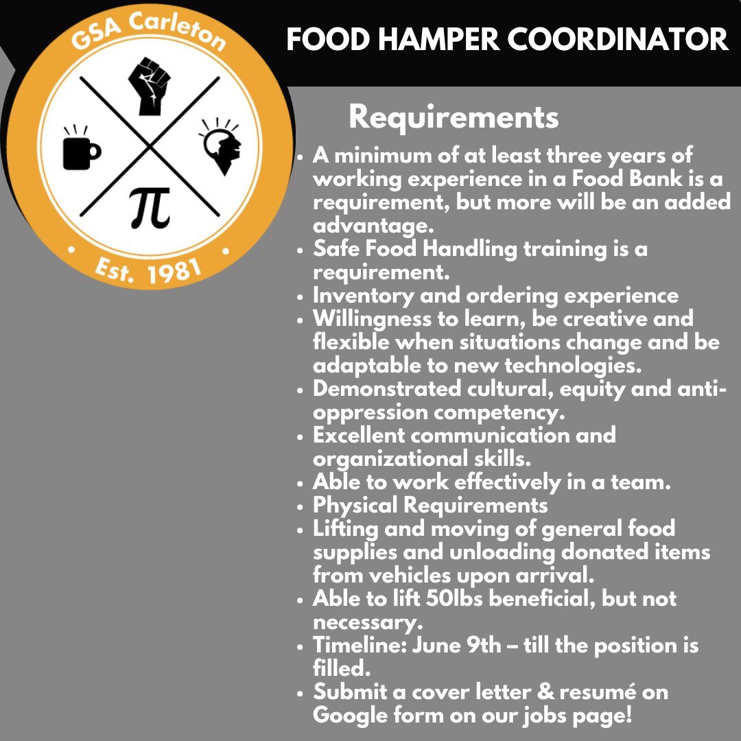 The GSA is hiring a part-time Food Hamper Coordinator! The deadline is ongoing until the position is filled. Apply here with resume &amp; cover letter! gsacarleton.ca/jobs/
