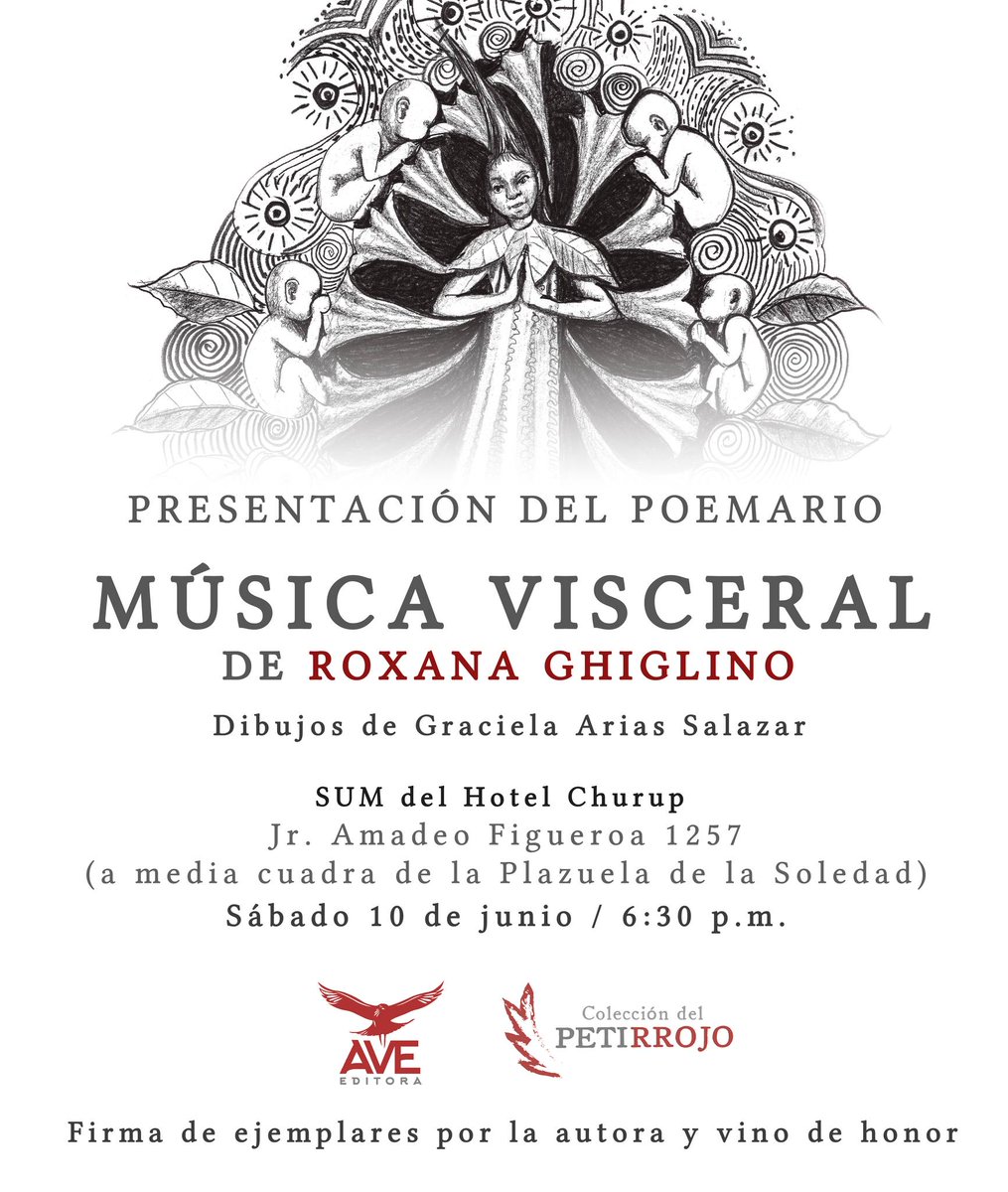 ave_editora's tweet image. Este sábado 10 de junio presentaremos "Música visceral", de Roxana Ghiglino, en Huaraz. Acompáñennos en este encuentro con la poesía. Habrá, además de la lectura de poemas por la autora, un número musical y un cálido diálogo con atentos lectores.