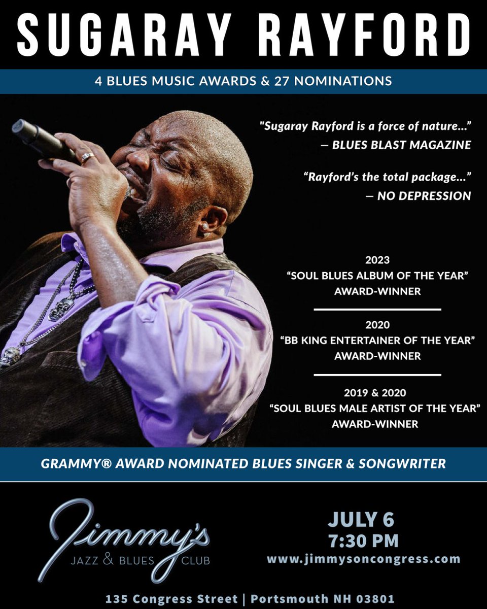 Jimmy's Jazz & Blues Club Features GRAMMY® Award Nominated, 4x-Blues Music Award-Winner & 27x-Blues Music Award Nominated Singer & Songwriter SUGARAY RAYFORD on Thursday July 6 at 7:30 P.M.