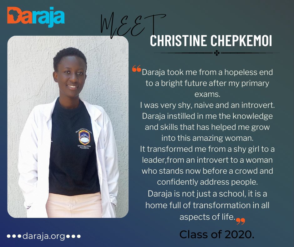 darajaacademy's tweet image. "We did casual jobs to afford meals and upkeep. Circumstances forced me to work as a house girl to raise school fees." 
My future's so bright and I believe I can be the change maker I have always wanted to be." Shares Christine, Class of 2020!

#DarajaGirls #GirlsEducation #Girls