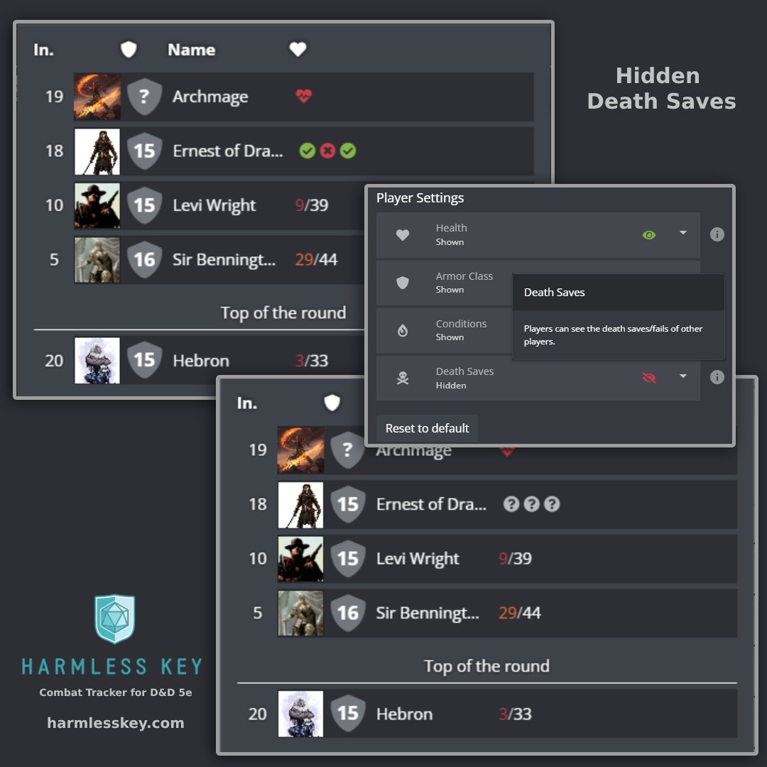 Shieldmaiden (@shieldmaidenapp) on Twitter photo Inspired by <a href="/BrennanLM/">Dylan</a> from <a href="/dimension20show/">Dimension 20 🎲</a> and <a href="/DnD_Shorts/">DnD_Shorts</a> we added a setting to hide death saves from players on our public initiative screen.
#dnd #dnd5e #dungeonsanddragons #dungeonmaster #harmlesskey #ttrpg #combattrackers #dndtools #deathsaves #initiative #dndshorts Inspired by <a href="/BrennanLM/">Dylan</a> from <a href="/dimension20show/">Dimension 20 🎲</a> and <a href="/DnD_Shorts/">DnD_Shorts</a> we added a setting to hide death saves from players on our public initiative screen.
#dnd #dnd5e #dungeonsanddragons #dungeonmaster #harmlesskey #ttrpg #combattrackers #dndtools #deathsaves #initiative #dndshorts