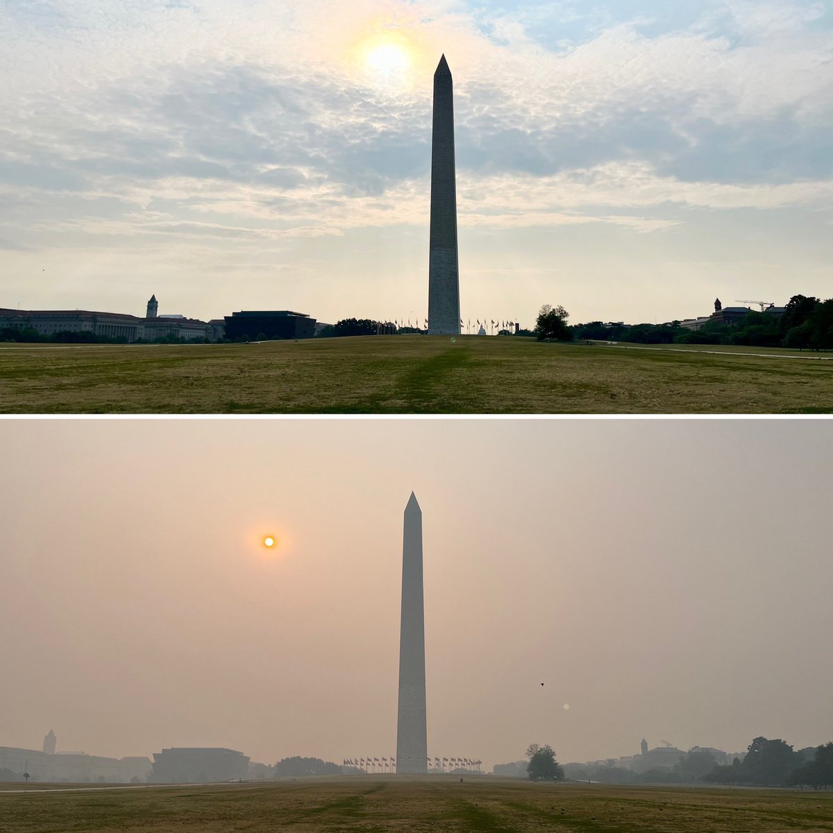 Thursday (code maroon) vs Friday (code yellow)!! We were really outside breathing that junk in!! #AirQuality #muchbetter #CanadaWildfires #HappyFriday #Bike2Work #Monument #Whew #WashingtonDC @capitalweather @fox5dc @WTOP