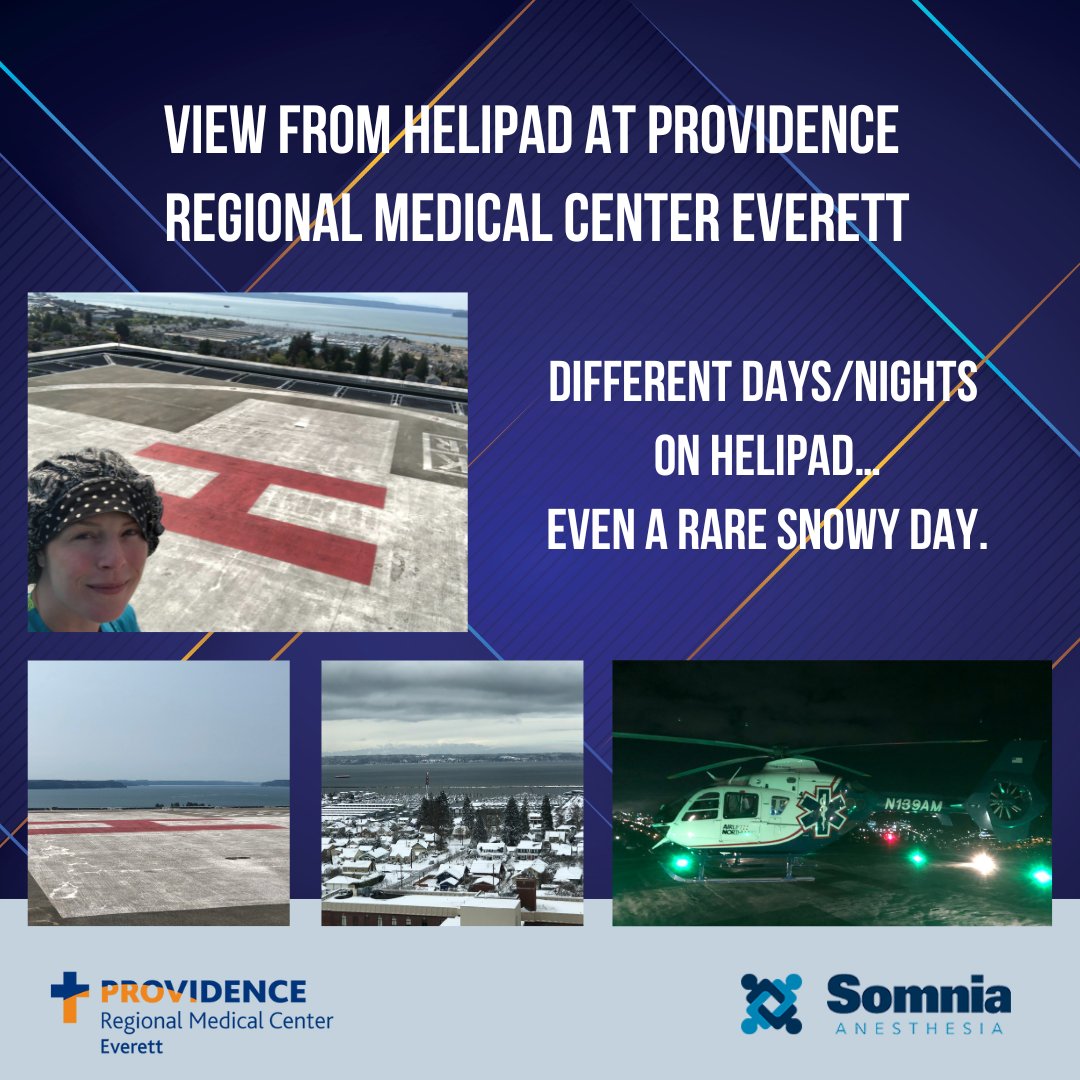 SomniaInc's tweet photo. View from Helipad at Providence Regional Medical Center Everett. Different days/nights … even a rare snowy day. #SomniaAnesthesia #AnesthesiaPartner https://t.co/H1babSqC13