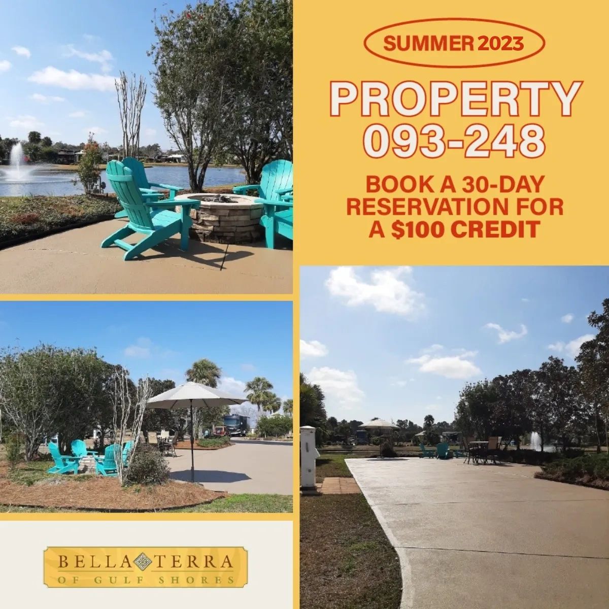 Secure your stay at a jewel on the Gulf Coast. Book property 093-248 on a 30-day reservation, and receive a $100 credit towards electric. Our 5-star lakefront resort offers a lavish lot that will captivate you to stay longer or visit again! Call (251) 970-2370 for more details.