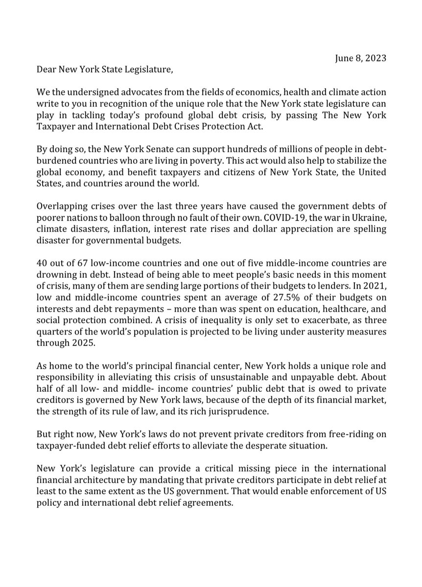 JosephEStiglitz's tweet photo. The New York Senate must support the New York Taxpayer and International Debt Crises Protection Act without delay. Lives are at stake. A letter I co-signed, along with @Jayati1609 @DarrickHamilton @Winnie_Byanyima @CFigueres and others 👇 https://t.co/eut8xaDYXw