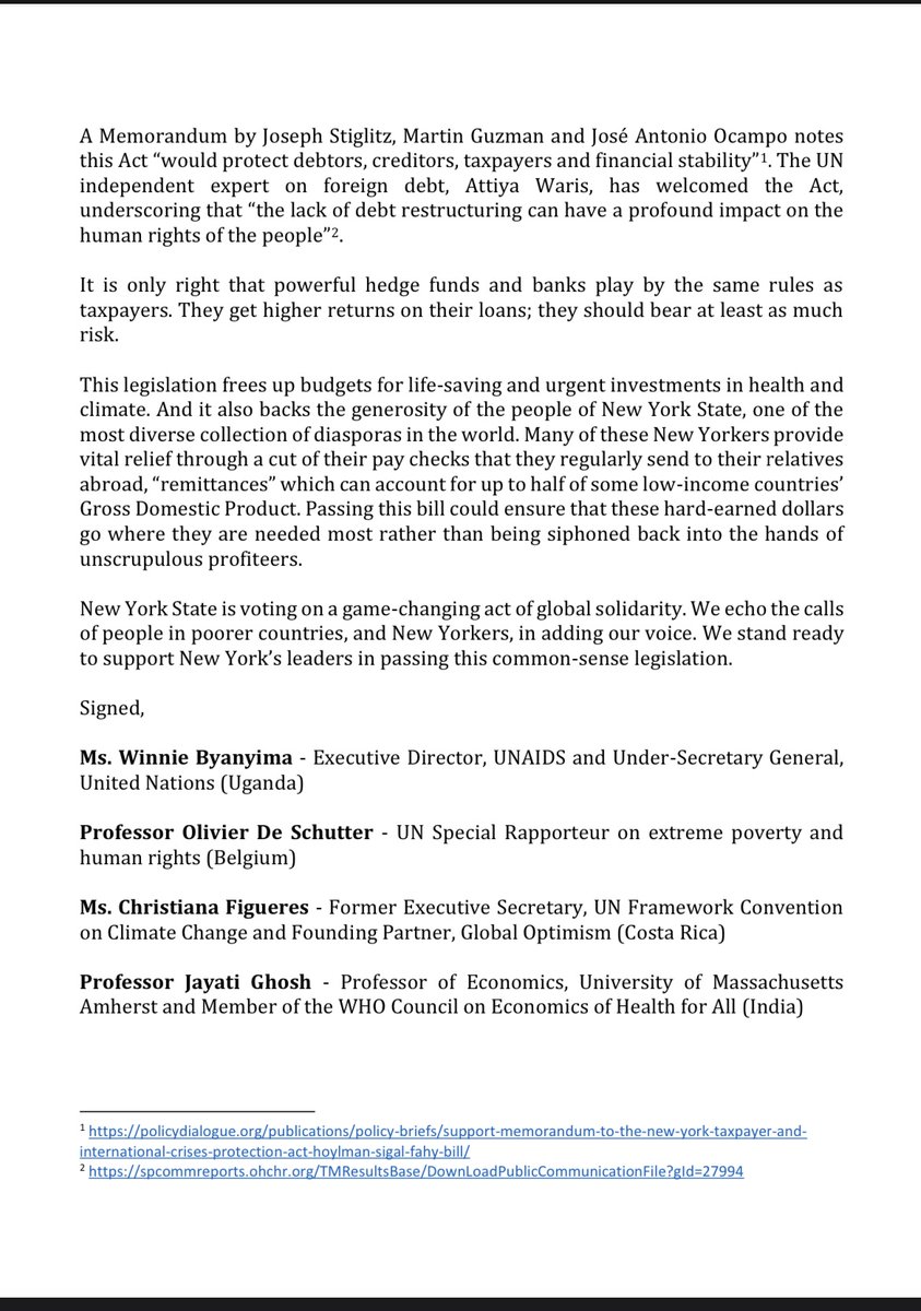 JosephEStiglitz's tweet photo. The New York Senate must support the New York Taxpayer and International Debt Crises Protection Act without delay. Lives are at stake. A letter I co-signed, along with @Jayati1609 @DarrickHamilton @Winnie_Byanyima @CFigueres and others 👇 https://t.co/eut8xaDYXw