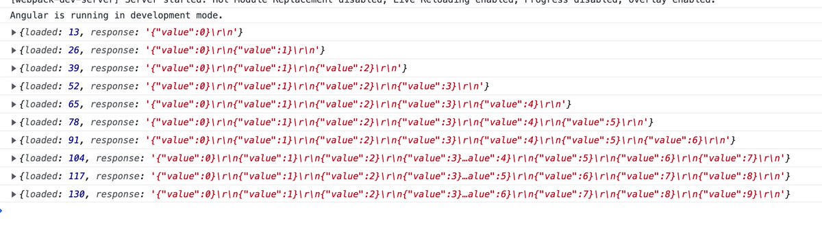 Nartc1410's tweet image. #angular #httpclient #fetch
In addition to allowing HttpClient to work on the edge, withFetch() also allows HttpClient to receive "Transfer-Encoding: chunked" probably (with reportProgress and observe: events)
The backend code is provided by @JayCooperBell