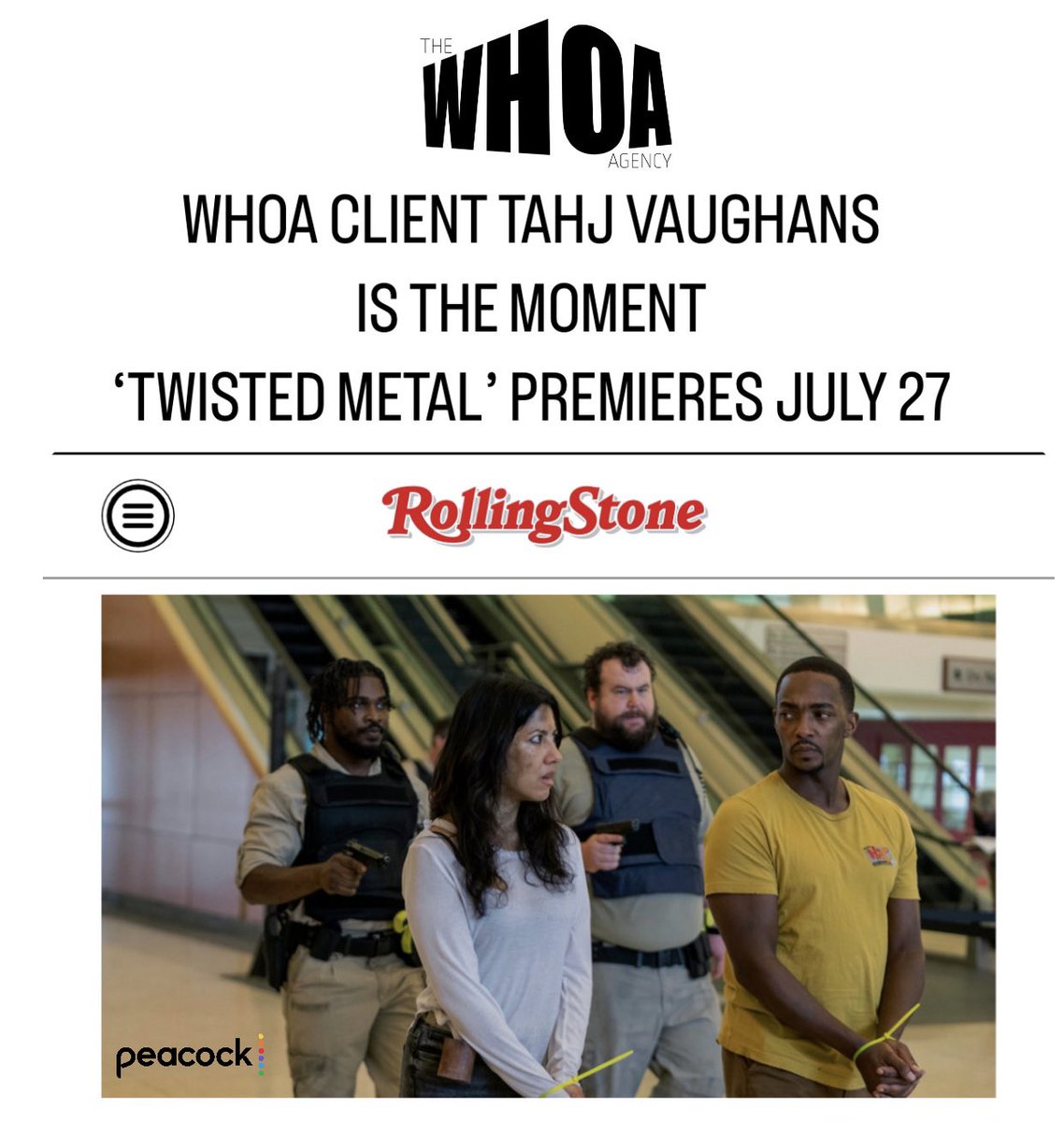 If we’re going to brag…trust us we have a reason and <a href="/Tahj_A_Vaughans/">Tahj A. Vaughans</a> is it!! #TwistedMetal #Peacock #RollingStone  #TeamWHOA #TheWHOAagency