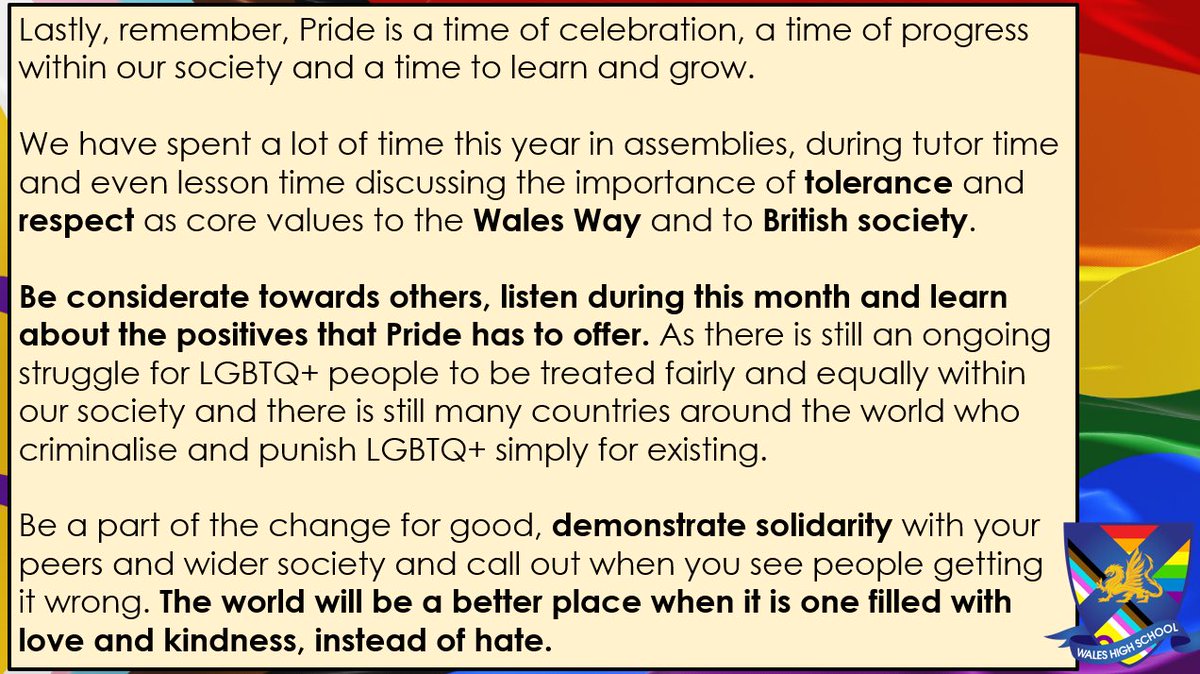 #Pride2023 launched this week at @WalesHigh with our annual #Pride #Assembly 🏳️‍🌈🏳️‍⚧️. This is a #great opportunity to #reflect on past Pride events & #learn about the importance of Pride & the evolving flags surrounding the #LGBTQplus 😃. #Education #Knowledge #WalesWay #Values