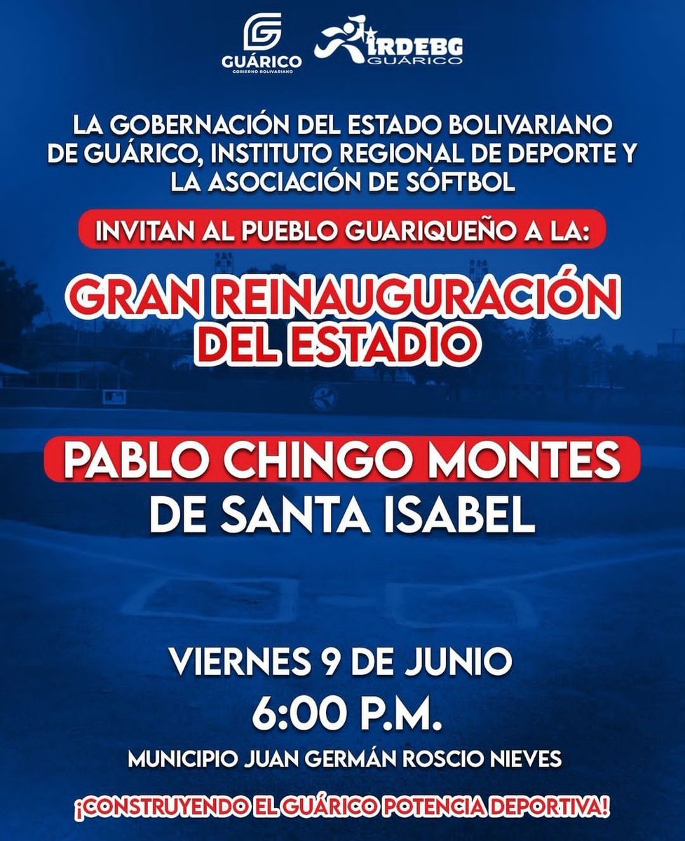 #AHORA | ¡ES HOY, ES HOY! 🔥

Ya está todo listo para la Gran Reinauguración del Estadio Pablo Chingo Montes de Santa Isabel en San Juan de Los Morros, Guárico ⚾

Los esperamos hoy a las 6:00 p.m. para otra gran fiesta deportiva 💪🏻

#GuáricoPotenciaDeportiva 
#VivaElPoderPopular
