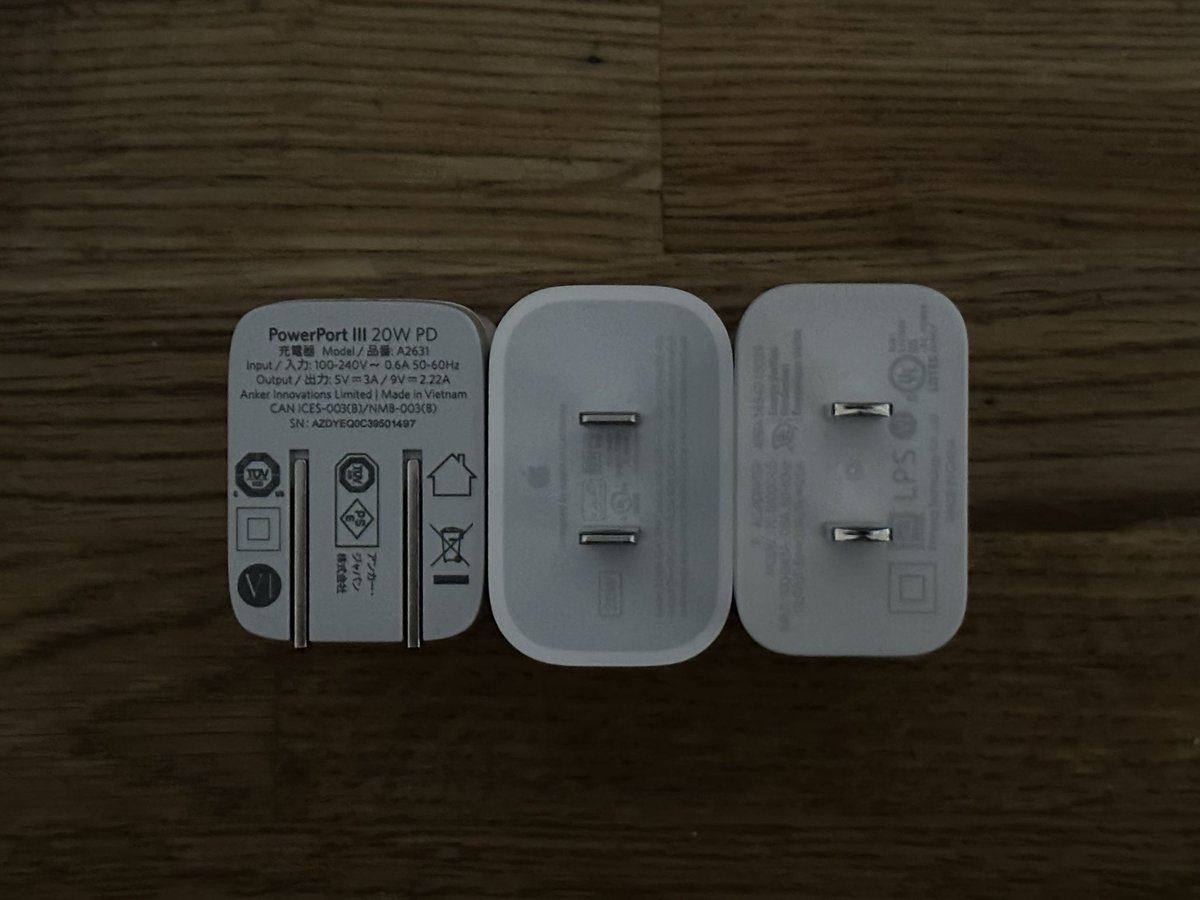 USB-C chargers from <a href="/AnkerOfficial/">Anker</a>, <a href="/Apple/">Apple</a>, @google in order. One *marginally* accessible to naked eye (w contacts lol). Why is light gray on light gray standard? Would be so easy to do better, incl. larger power info. Lighting: Optimal, good, poor. #accessibility #ffs