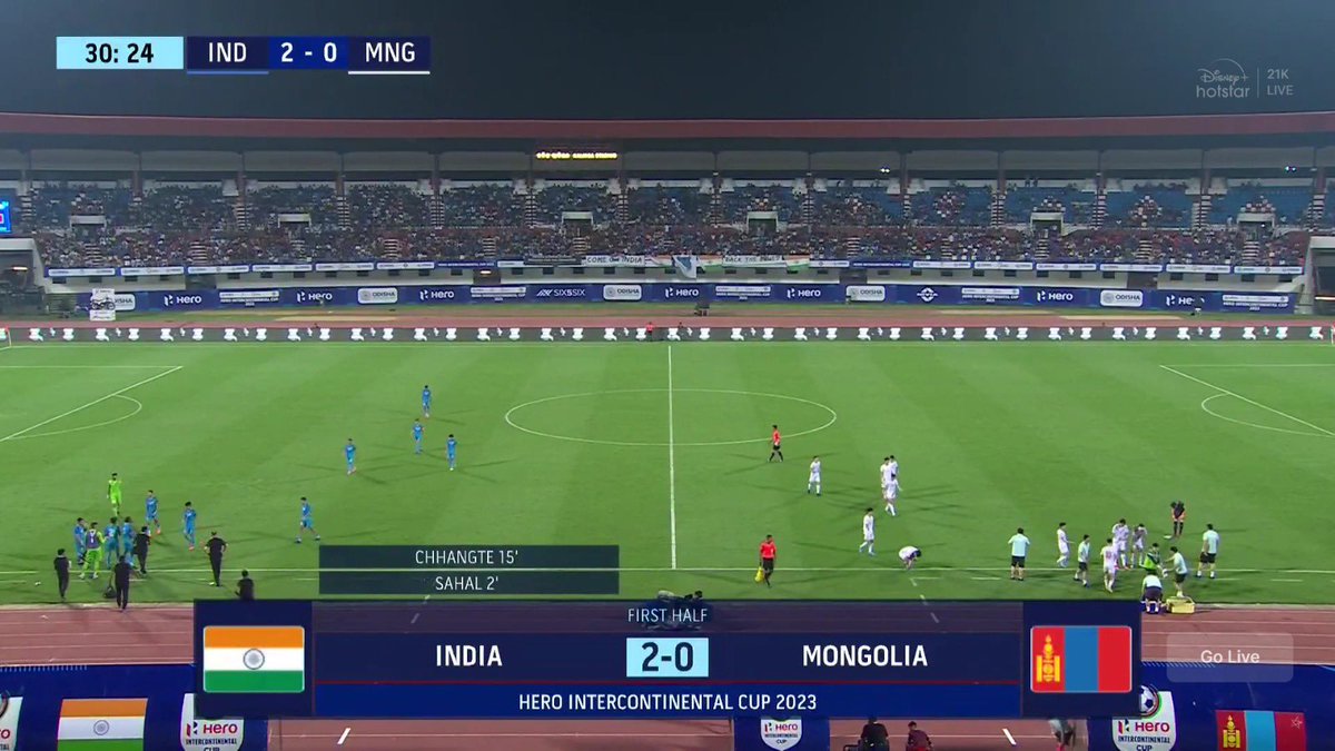 India leads by 2-0 against Mongolia in the HERO Intercontinental Cup 2023. Sahal and Chhangte are on the scoresheet. #INDMNG #IndianFootball #BackTheBlue