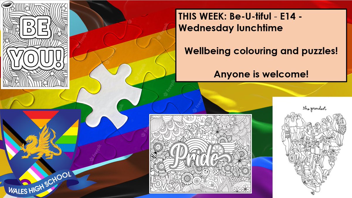 Our @WalesHigh active tutorials this week focused on why we #celebrate #Pride & launched our programme of events for the month, starting with #Wellbeing colouring and puzzles at Be-U-tiful group! 🏳️‍🌈🏳️‍⚧️🤩 #LGBTQplus #Solidarity #Community #WalesWay #Support #Education