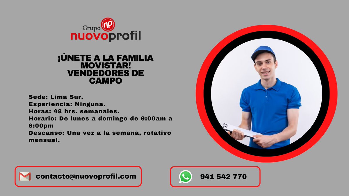 Personal interesado enviar su CV al correo: contacto@nuovoprofil.com con ASUNTO: Vendedor campo Lima   o escríbenos al 941542770. #nuovoprofil #gruponuovoprofil #masqueungrupounafamilia #EmpleoPerú #TrabajoPerú #trabajosihay #OfertaTrabajo #empleosPerú #ofertasdeempleo #Parati