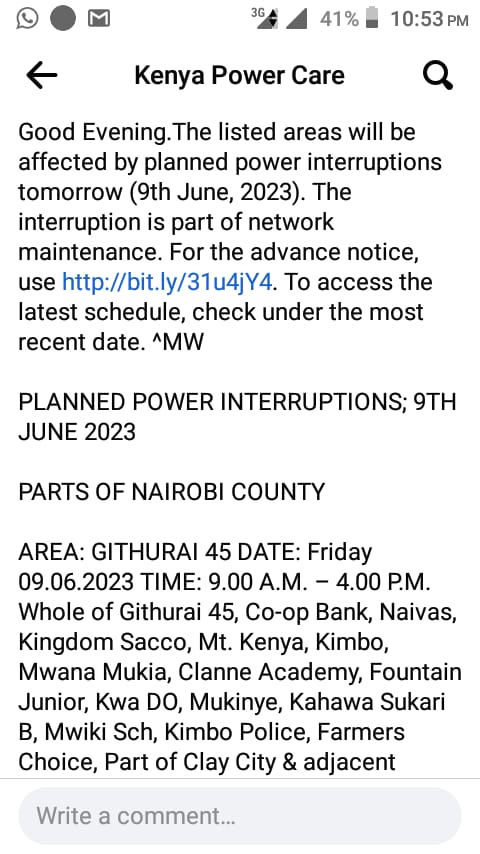 Yoh
Rada yenyu
Maintenance scheduled from 
9am-4pm
Power not back on
Githurai 45
54601300707
@KenyaPower_Care 
#PowerRationingInGithurai45 
#Githurai45Blackout 
#SwitchOffKPLC 
#KenyaPowerMonopolySucks
KPLC