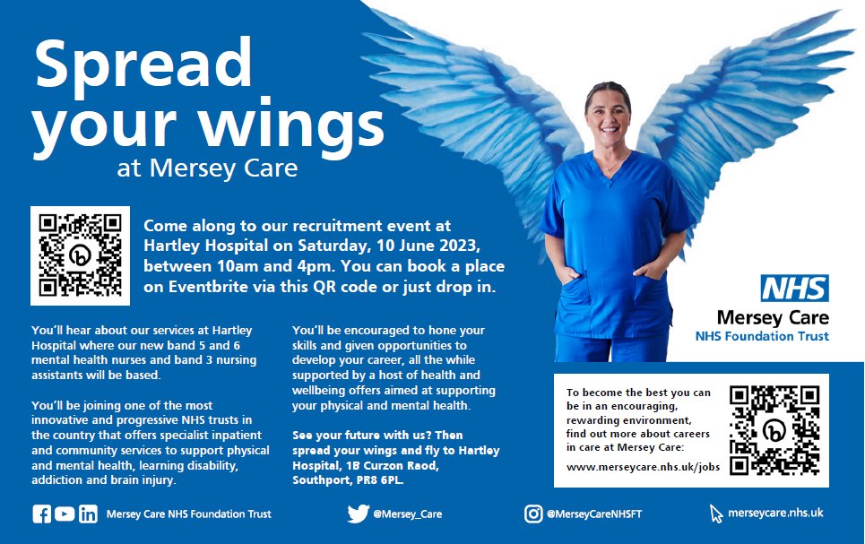 Mersey_CareJobs's tweet photo. At a loose end this #Weekend?
Then come along to our #Recruitment Event tomorrow, 10 June 2023 📅
We are #Recruiting various #Nursing roles, from #NursingAssistants to #WardManagers.
You will meet the team and find out more about the #Roles ⬇
https://t.co/mnYLtt15X3 https://t.co/fkJehrRkOv