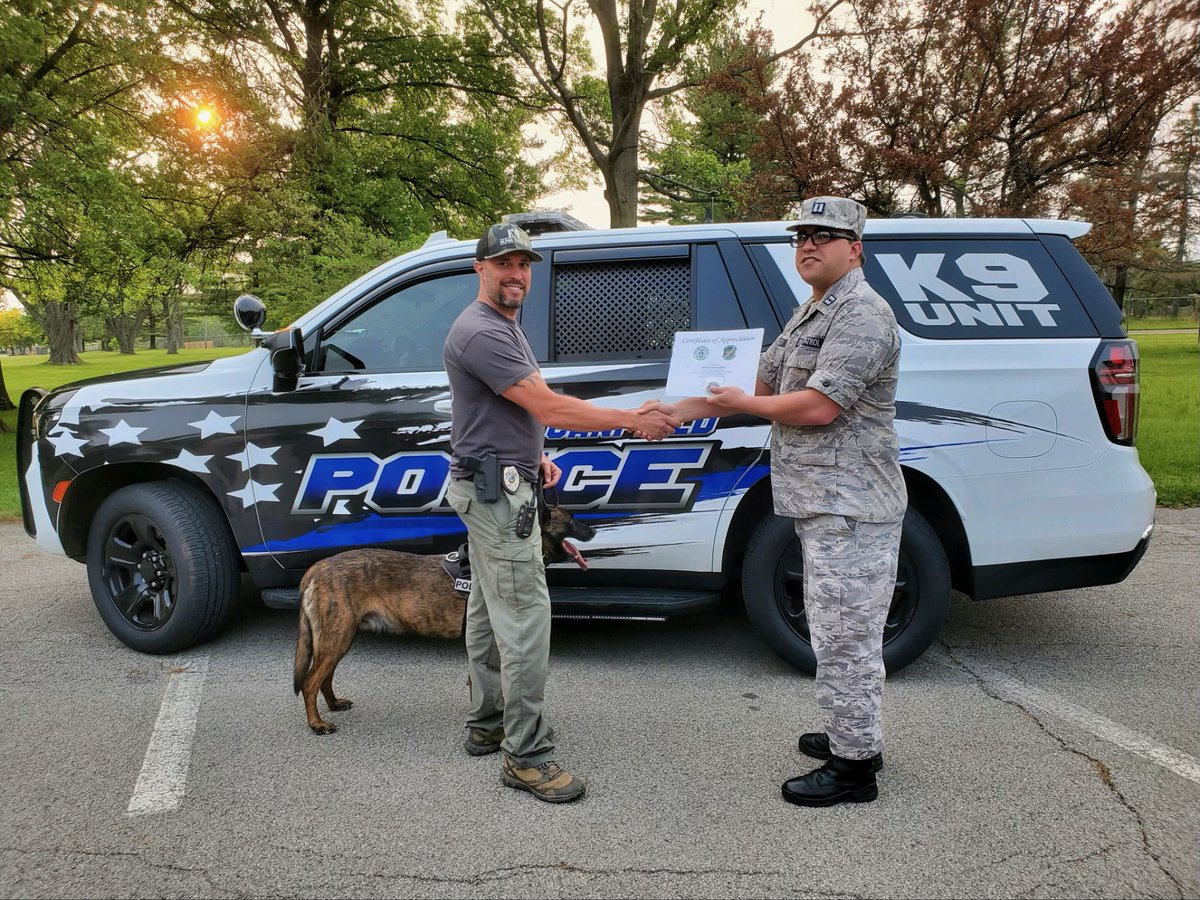 CanfieldPolice's tweet photo. Last month, Officer Chad DeBarr and K9 Rocky visited the Youngstown Air Reserve Station and gave a K9 demonstration for the cadets. https://t.co/1IWZ98yw8U