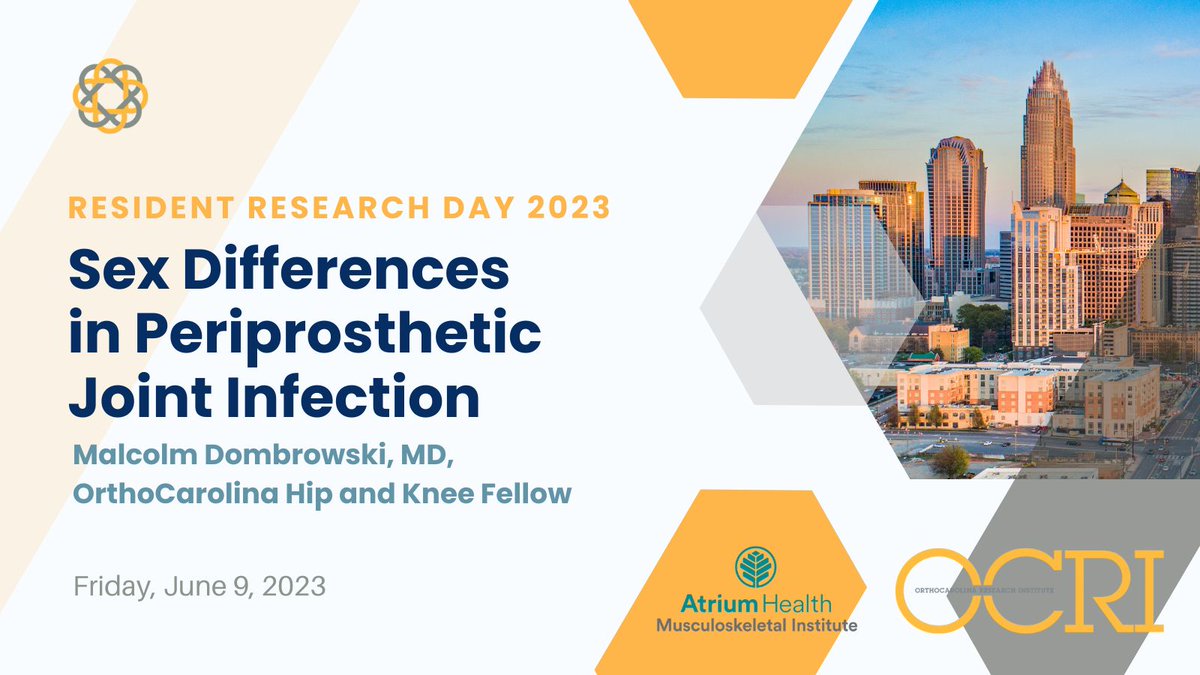 OCResearchInst's tweet image. It won't take long for you to notice the trend in today's H/K presentations- #PJI. @OrthoCarolina H/K Fellow, Dr. Malcolm Dombrowski guides us through a deep dive into PJI patient demographic data