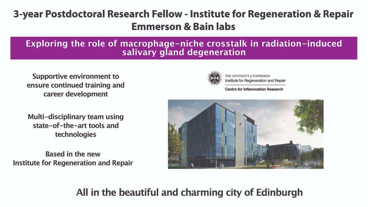 Calum Bain (@bainlab) on Twitter photo Check out the #postdoc position me & <a href="/DoctorEmmerson/">Elaine Emmerson</a> have advertised. Based in the new <a href="/EdinUni_IRR/">Institute for Regeneration and Repair</a> in the beautiful and amazing city of Edinburgh. It's focussed on #macrophages #inflammation #regeneration in salivary gland. Full details below. <a href="/britsocimm/">British Society for Immunology</a> <a href="/socmucimm/">Society for Mucosal Immunology</a> Check out the #postdoc position me & <a href="/DoctorEmmerson/">Elaine Emmerson</a> have advertised. Based in the new <a href="/EdinUni_IRR/">Institute for Regeneration and Repair</a> in the beautiful and amazing city of Edinburgh. It's focussed on #macrophages #inflammation #regeneration in salivary gland. Full details below. <a href="/britsocimm/">British Society for Immunology</a> <a href="/socmucimm/">Society for Mucosal Immunology</a>