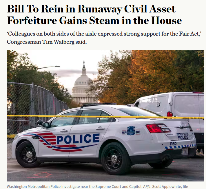 'The FAIR Act isn't a perfect bill....Still, some improvement is better than none for a practice that has largely served as an exercise in legalized highway robbery.'   -- J.D. Tuccille, Reason

ow.ly/f5TN50OKhzy

#Libertarian #CivilAssetForfeiture