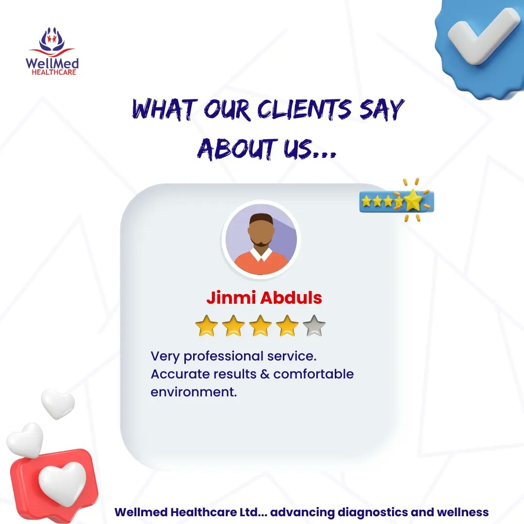 We don't take your feedbacks for granted. We appreciate every single one you send because they help us go to our boards and tables to shake and step things up.

We'll keep giving you our 💯 and more!

#reviews #clientreviews #feedbacks  #diagnosticcentre  #wellmedhealthcare