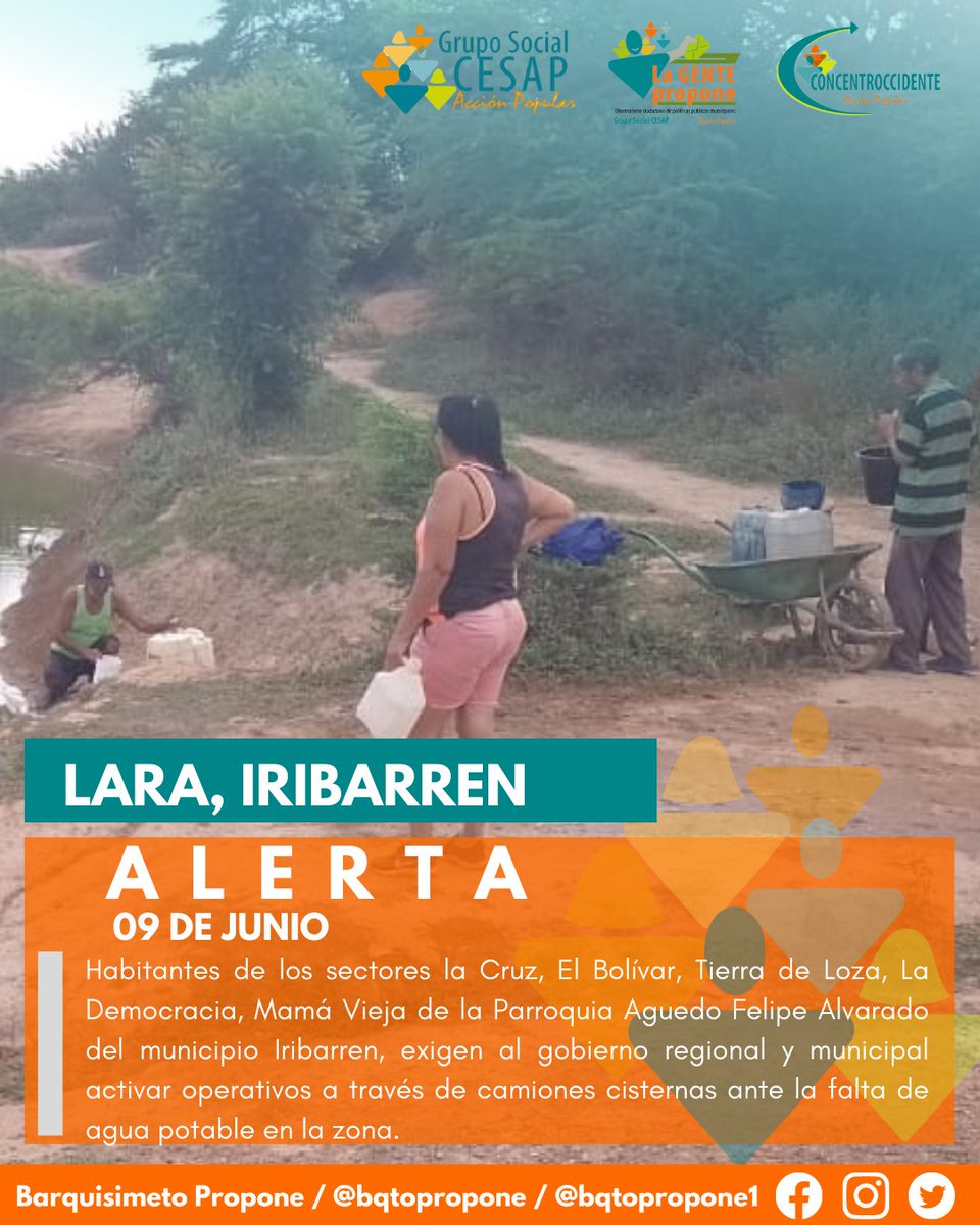 bqtopropone1's tweet photo. #LaGentePropone Habitantes de varios sectores de la población de Bobare del municipio Iribarren, exigen al gobierno regional y municipal activar operativos a través de camiones cisternas ante la falta de agua potable en la zona.
#NotaDeAlerta #AguaEsUnDerecho #Bobare #Lara #9Jun https://t.co/U93UsEyDQ1