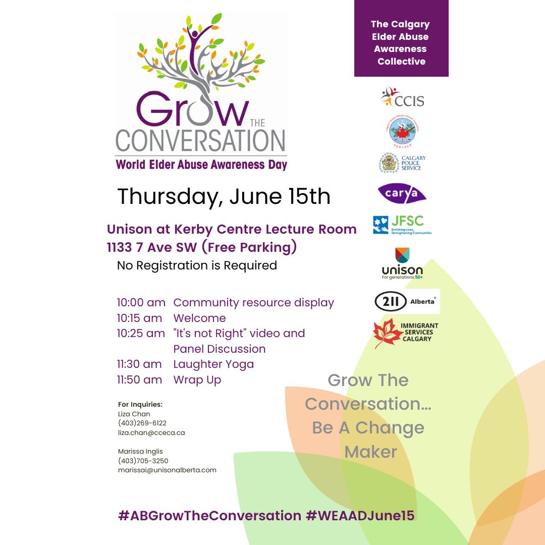 Unison50Plus's tweet photo. Join us on World Elder Abuse Awareness Day as we grow the conversation about the mistreatment of our beloved elders, raise awareness and foster compassion to prevent elder abuse in our communities

#UnisonCalgary #ABGrowTheConversation #WEAADJune15 https://t.co/NVZ289rgNe